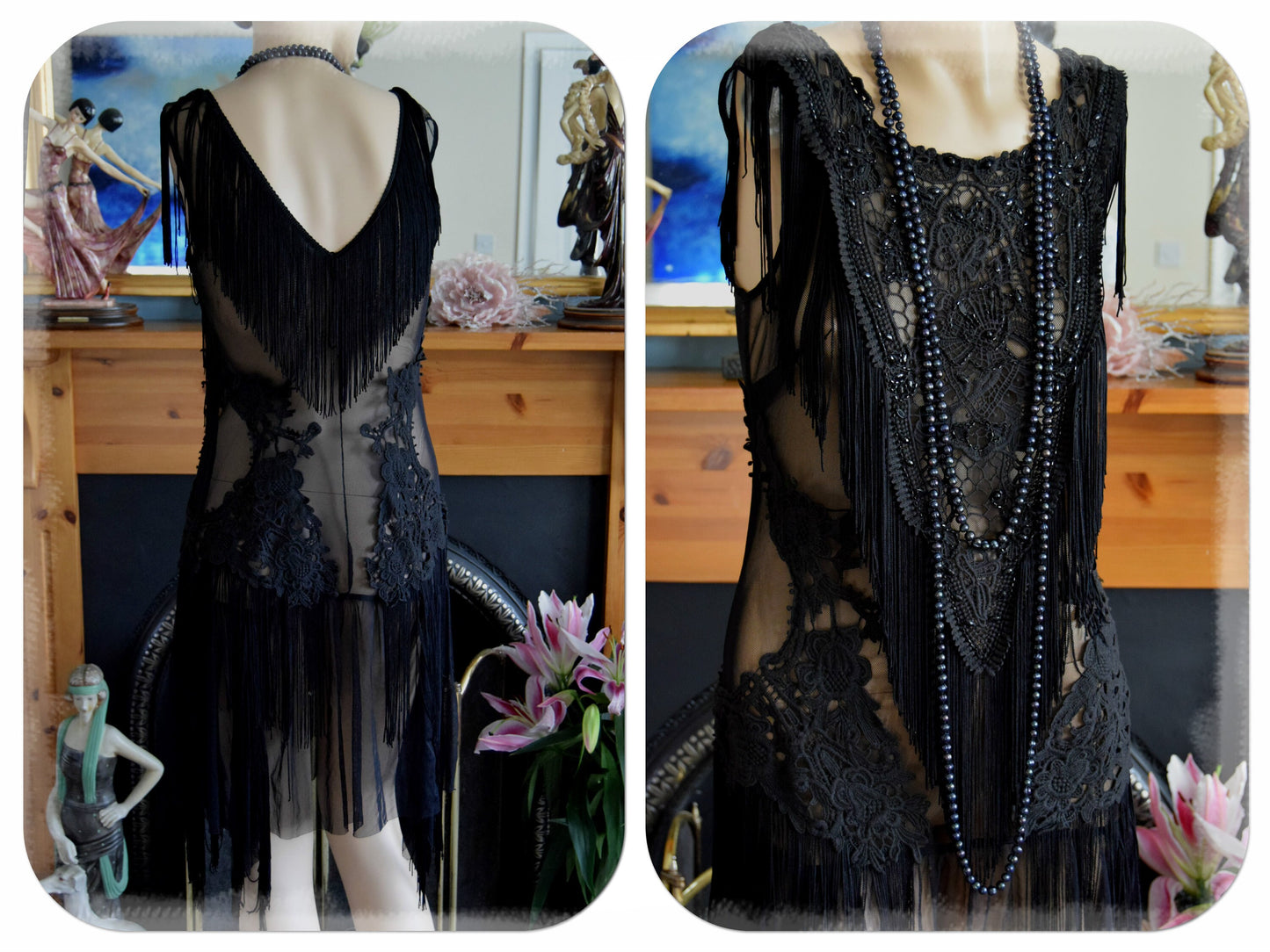 1920s Dress Vintage Downton Abbey Tassel Mesh Dress Flapper Tassel Dress Flapper Beaded Dance Dress Size UK 6 8 US 2 4 XS