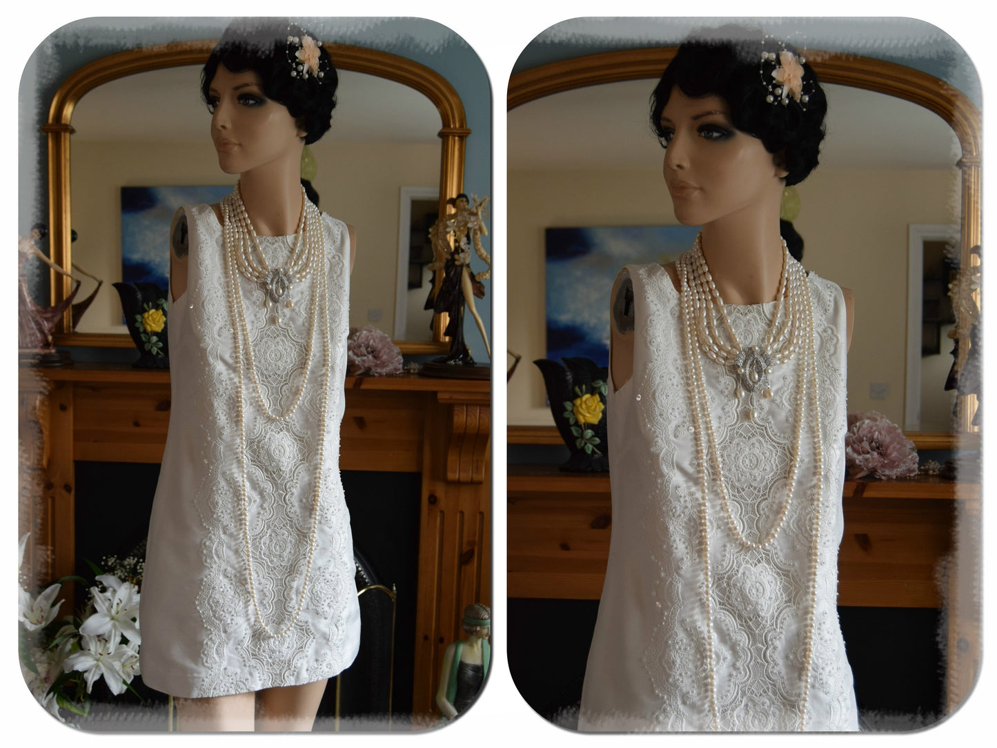 Beautiful Vintage 1920's 1960's silk mix Lyon Lace circle wedding summer dress size UK 8 US 4