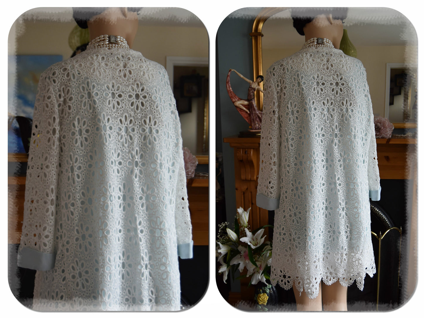 Beautiful Vintage 1920's 1960's silk mix Lyon Lace circle wedding summer dress size UK 8 US 4