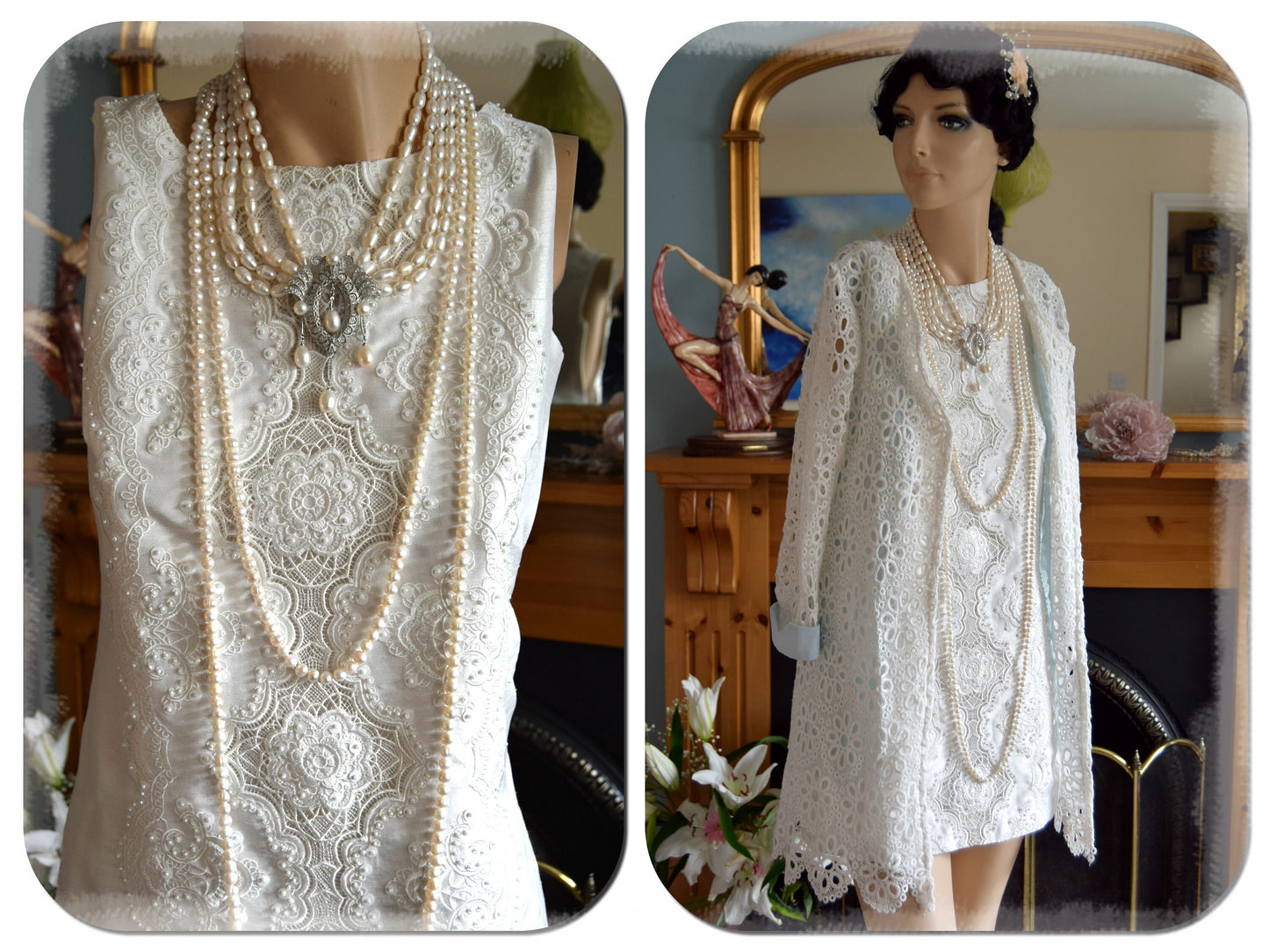 Beautiful Vintage 1920's 1960's silk mix Lyon Lace circle wedding summer dress size UK 8 US 4