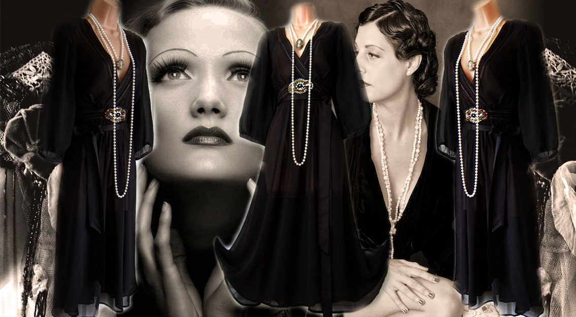Avant Garde 1920s Art Deco Sheer Silk Black Embellished flapper Caftan Dress UK 8 US 4 loose fit