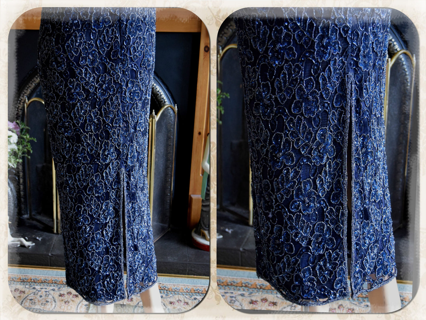 Flapper dress 1930 dress Vintage 1920's Heavily beaded sequin Navy blue lace Embellished Flapper Evening 1920s Dress size Uk 8 10 US 4 6