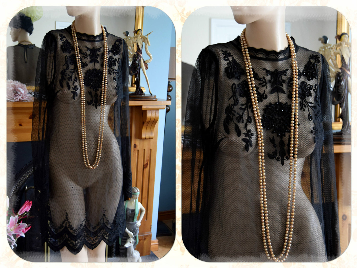 1920s dress flapper dress 1920s mesh dress Great Gatsby dress vintage sheer dress sheer embroidered dress Antique dress Size UK 6 8 US 2 4