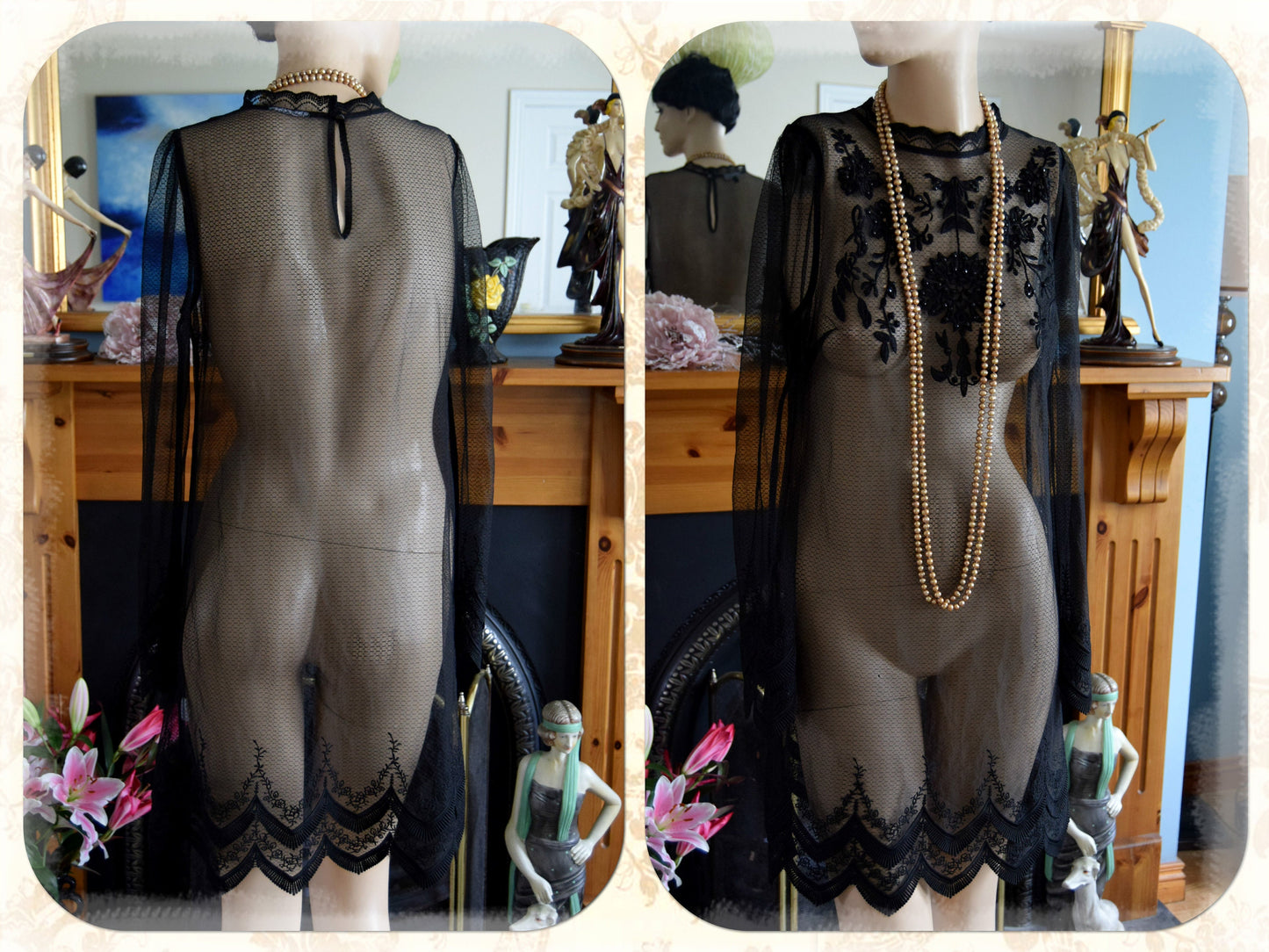 1920s dress flapper dress 1920s mesh dress Great Gatsby dress vintage sheer dress sheer embroidered dress Antique dress Size UK 6 8 US 2 4