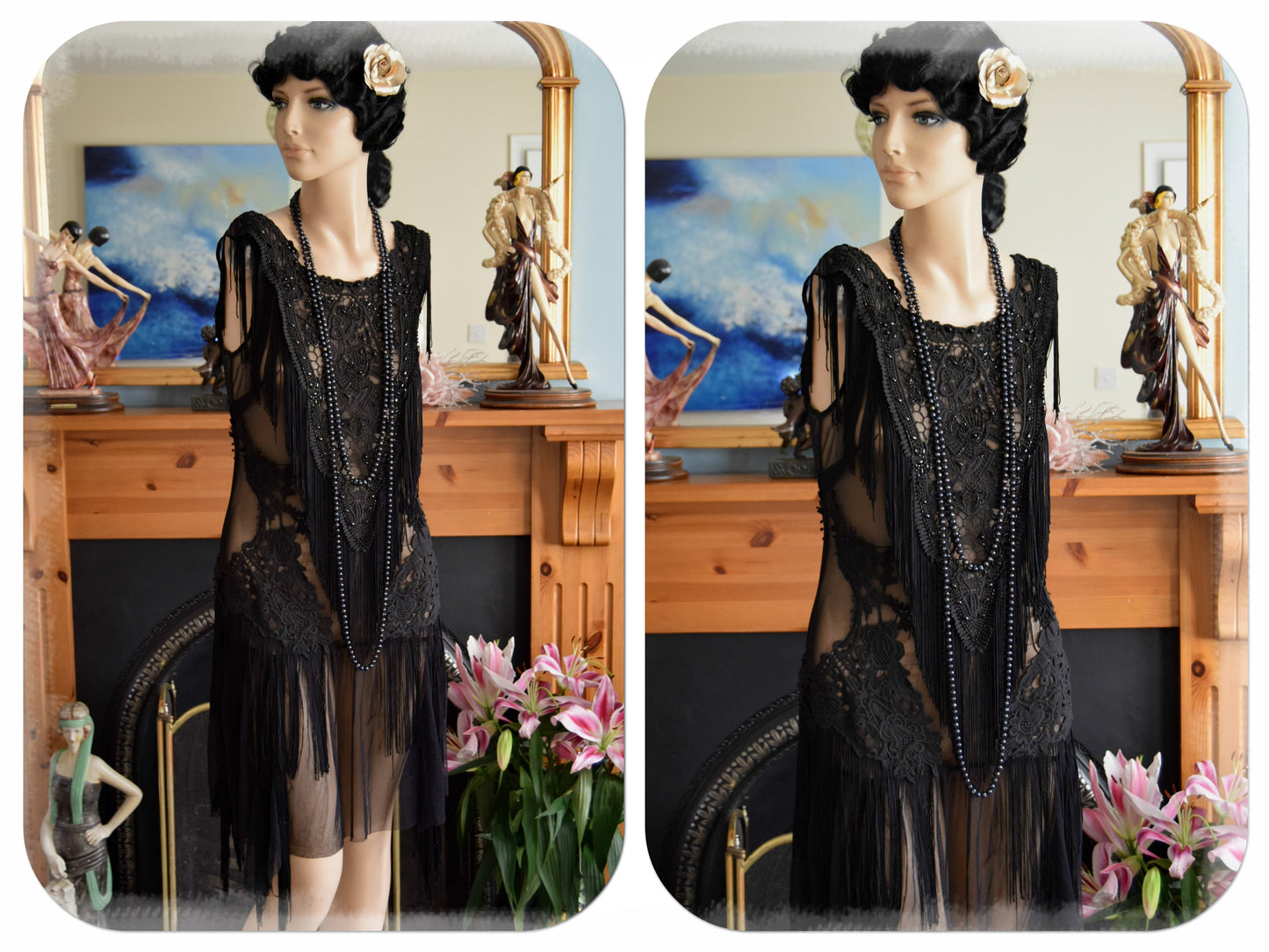 1920s Dress Vintage Downton Abbey Tassel Mesh Dress Flapper Tassel Dress Flapper Beaded Dance Dress Size UK 6 8 US 2 4 XS