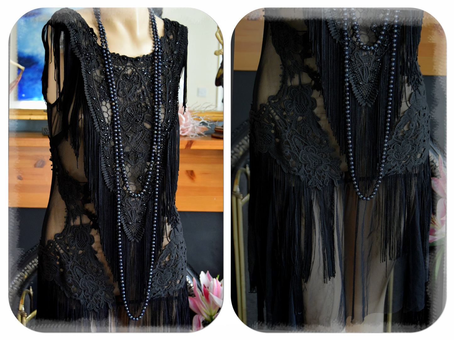 1920s Dress Vintage Downton Abbey Tassel Mesh Dress Flapper Tassel Dress Flapper Beaded Dance Dress Size UK 6 8 US 2 4 XS