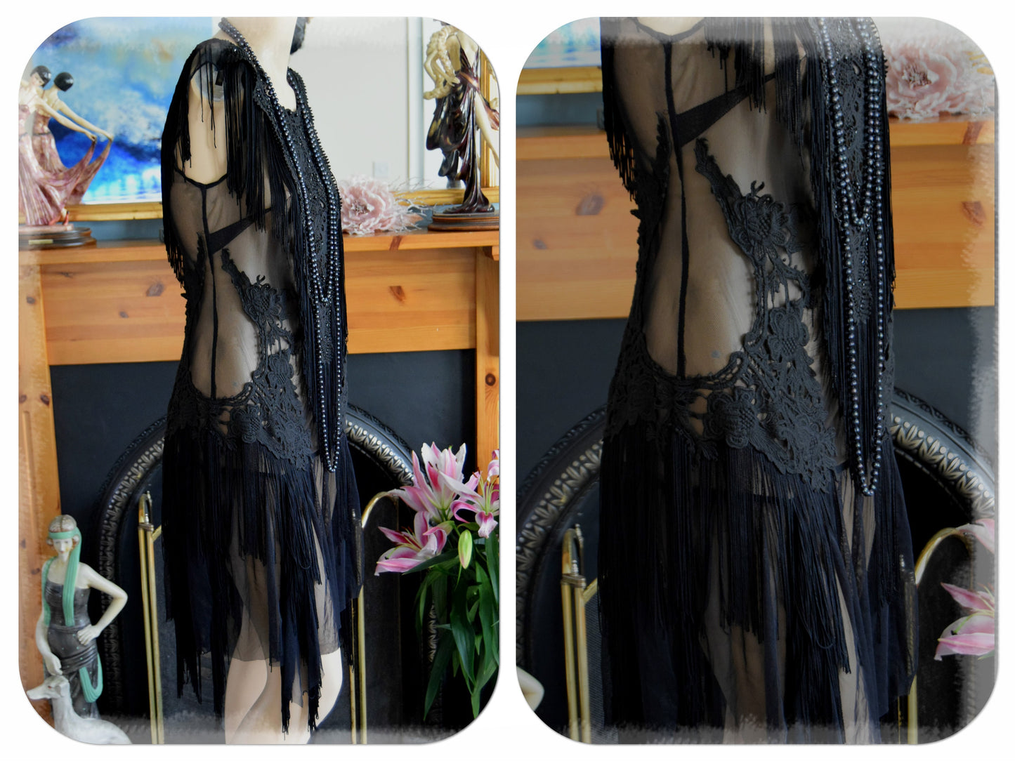 1920s Dress Vintage Downton Abbey Tassel Mesh Dress Flapper Tassel Dress Flapper Beaded Dance Dress Size UK 6 8 US 2 4 XS