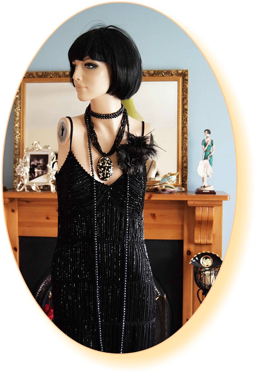 1920s dress Art Deco flapper Charleston dress Gatsby vintage bead tassel fringe evening dress black goth steampunk dress size UK 8 US 4