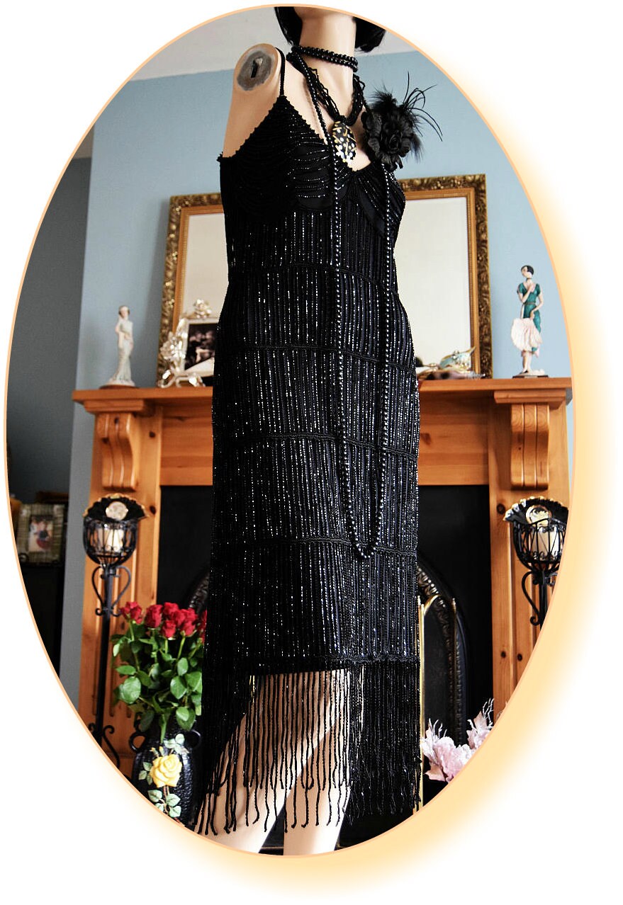 1920s dress Art Deco flapper Charleston dress Gatsby vintage bead tassel fringe evening dress black goth steampunk dress size UK 8 US 4