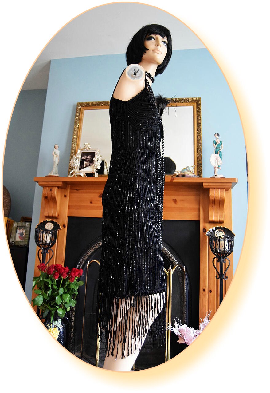1920s dress Art Deco flapper Charleston dress Gatsby vintage bead tassel fringe evening dress black goth steampunk dress size UK 8 US 4