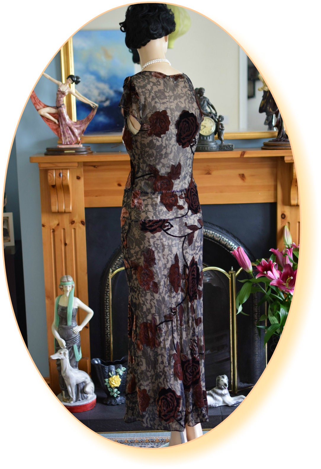 1930s gown Silk devore gown Great Gatsby gown Downton Abbey gown Oriental Devore Silk Velvet Floral Dress Evening Gown Size UK 8 US 4