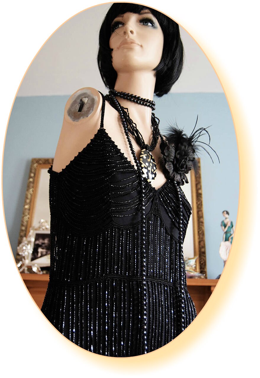 1920s dress Art Deco flapper Charleston dress Gatsby vintage bead tassel fringe evening dress black goth steampunk dress size UK 8 US 4