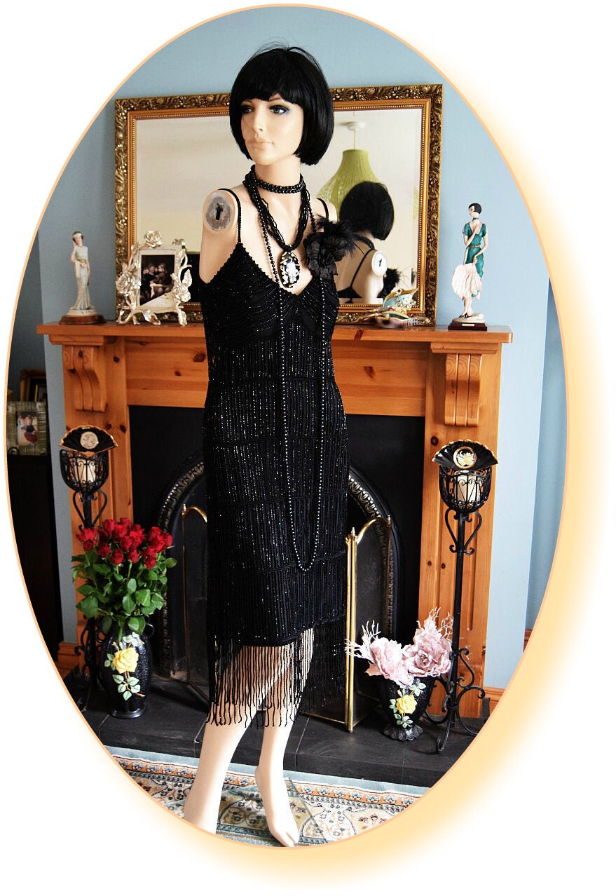 1920s dress Art Deco flapper Charleston dress Gatsby vintage bead tassel fringe evening dress black goth steampunk dress size UK 8 US 4