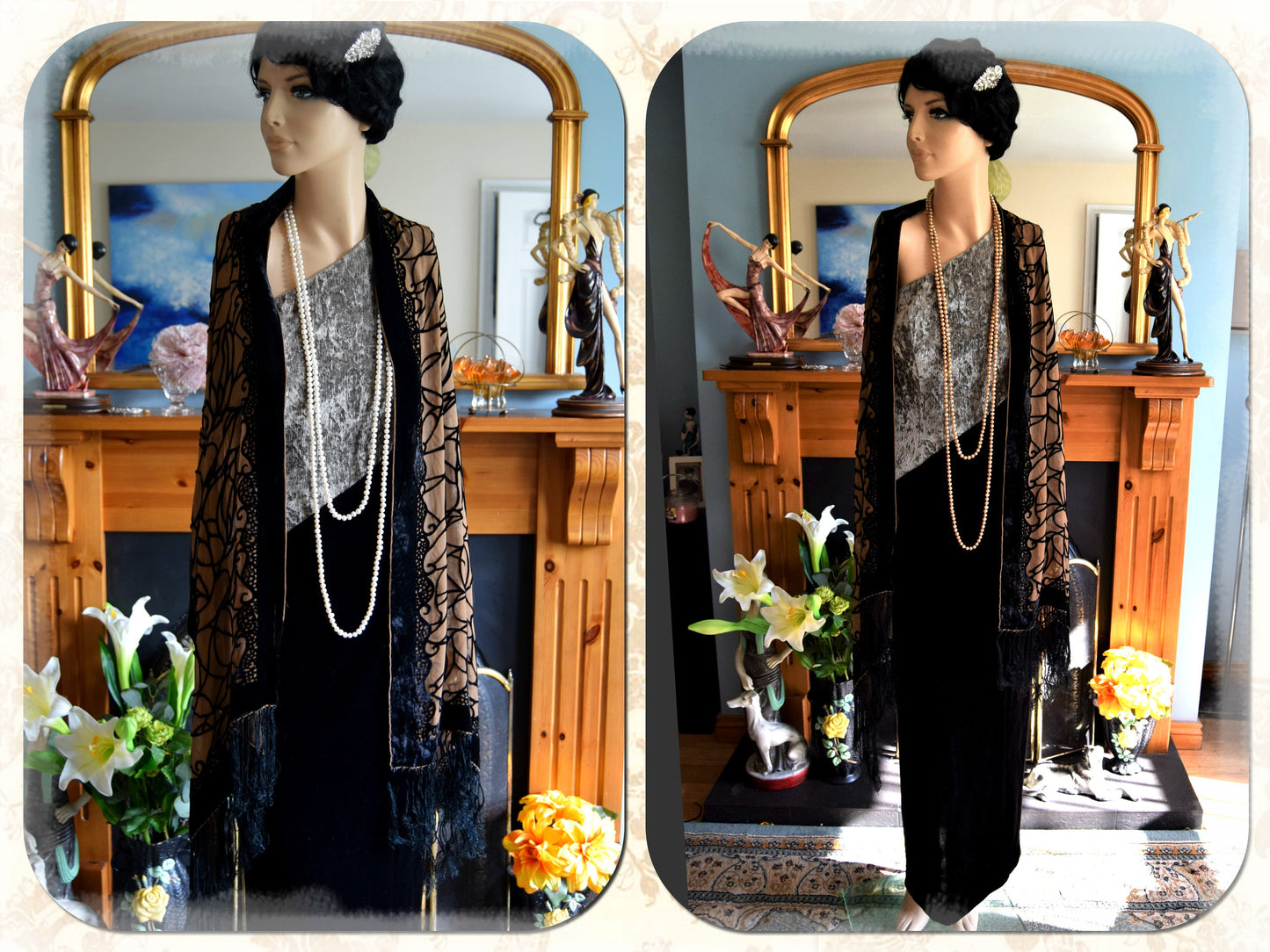 Art Deco Avant Garde Vintage Velvet Monohrome Evening Gown Black Silver Stage Hollywood Goddess Dress Size UK 10 12 US 6 8