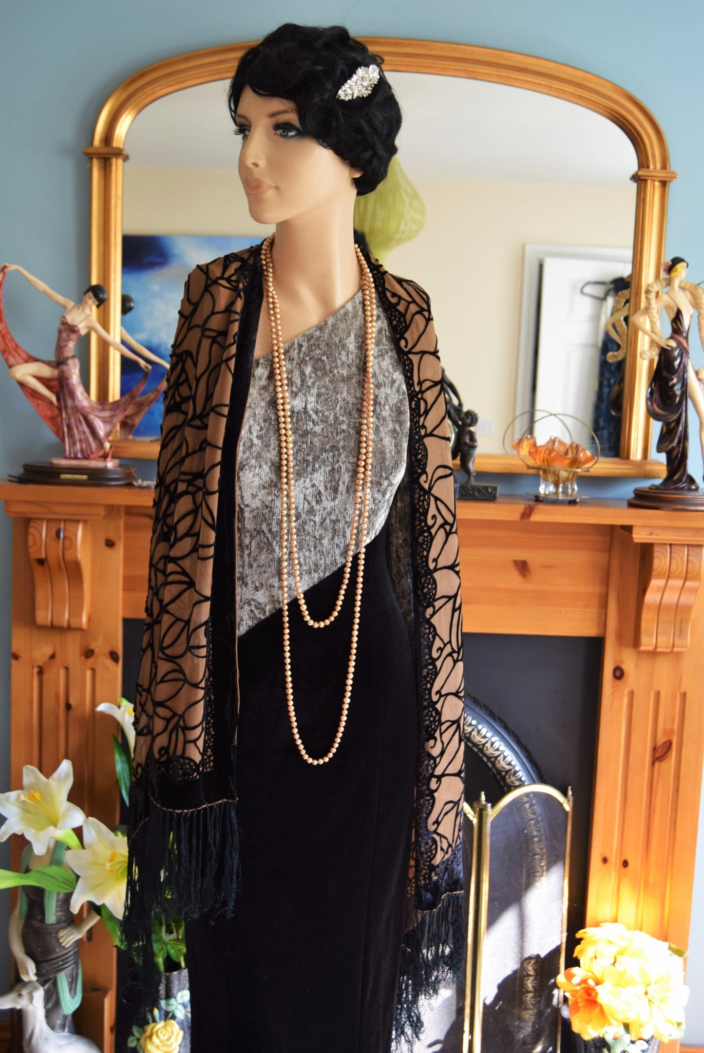 Art Deco Avant Garde Vintage Velvet Monohrome Evening Gown Black Silver Stage Hollywood Goddess Dress Size UK 10 12 US 6 8