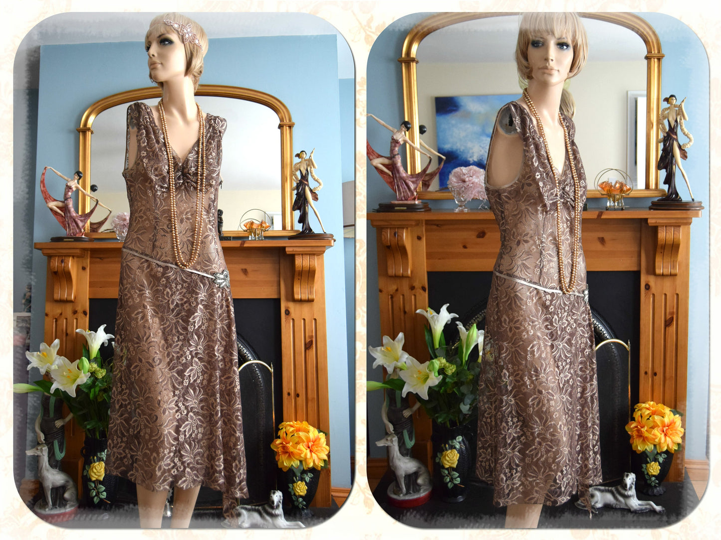 Vintage la beauté de la dentelle Divine Vintage Gold Chantilly Metallic shine Lace Beaded 1920's style cocktail dress Size UK 14 US 10