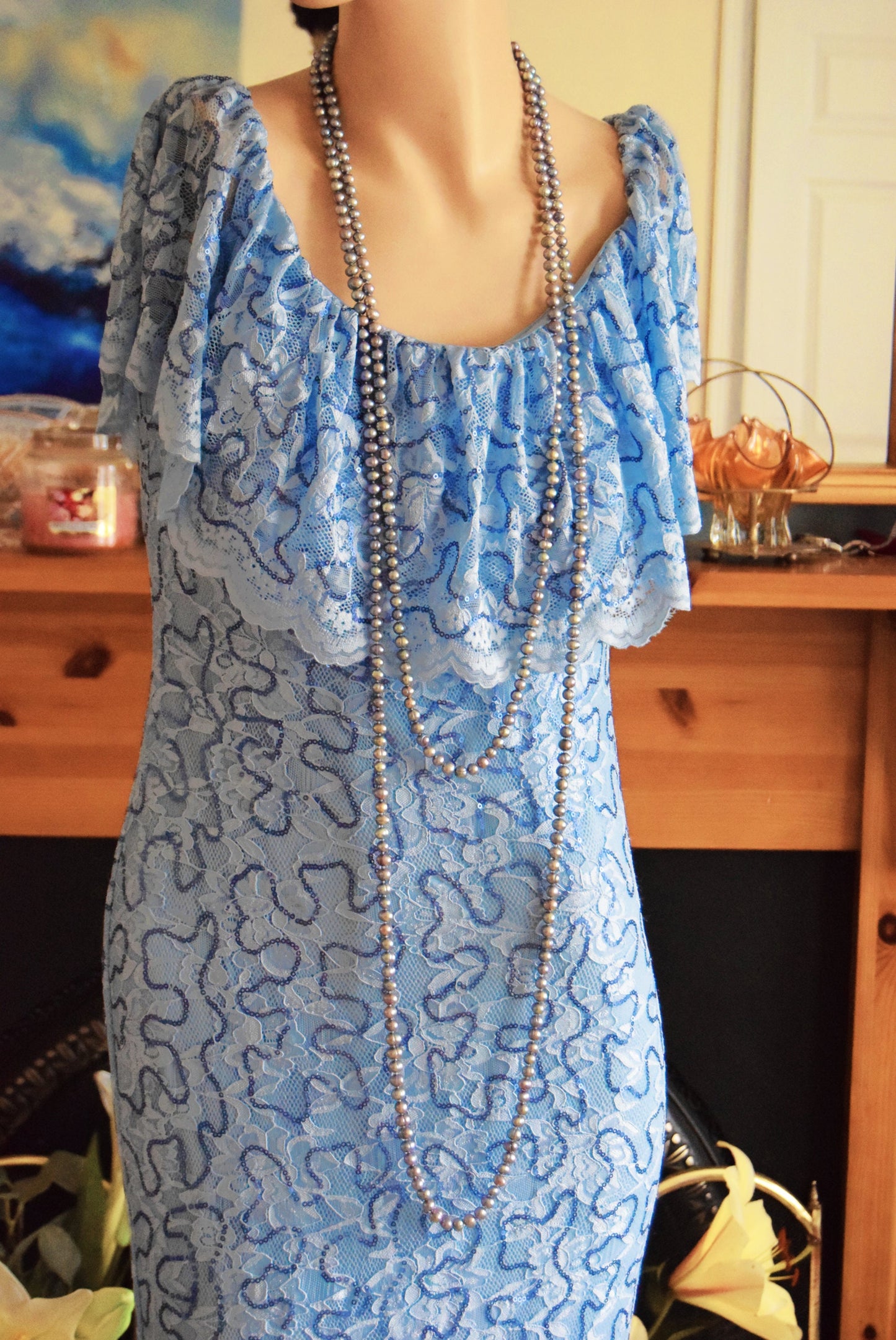 Divine Vintage Sky Blue Downton Abbey Maxi Lace Dress 1920's style cocktail dress Size UK 10 US 6