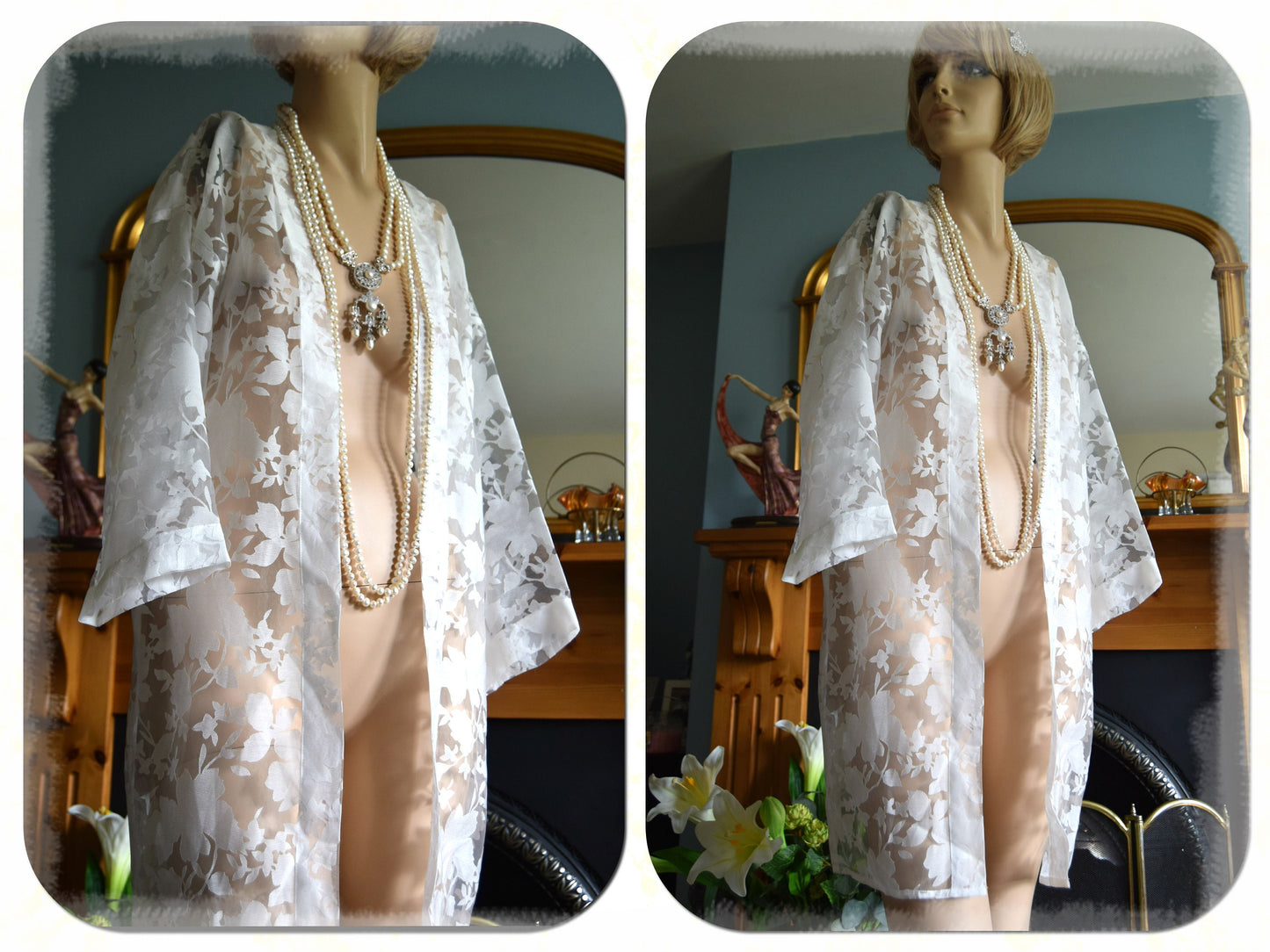 Beautiful White Art Deco wedding bridal long jacket Flapper 1920s Duster 12 14 US 8 10