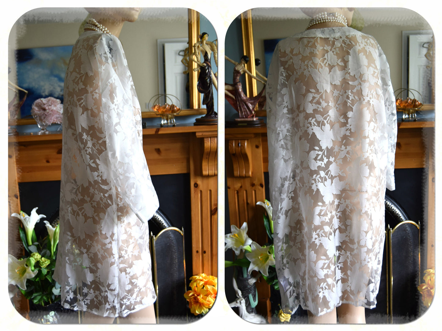 Beautiful White Art Deco wedding bridal long jacket Flapper 1920s Duster 12 14 US 8 10