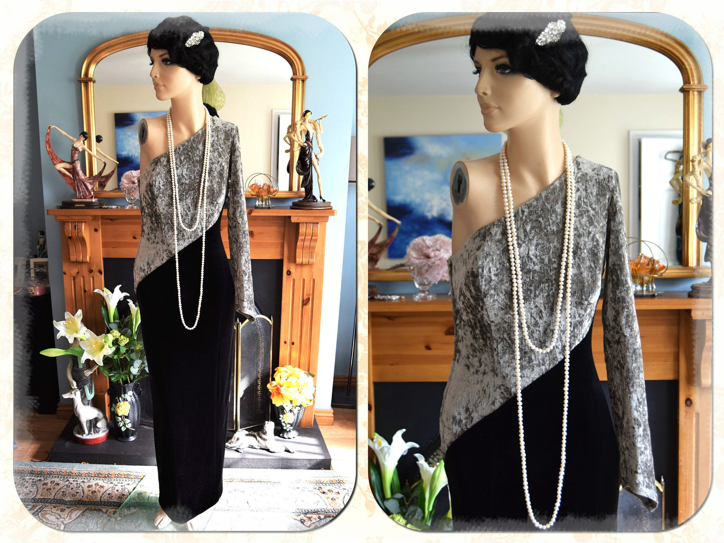 Art Deco Avant Garde Vintage Velvet Monohrome Evening Gown Black Silver Stage Hollywood Goddess Dress Size UK 10 12 US 6 8