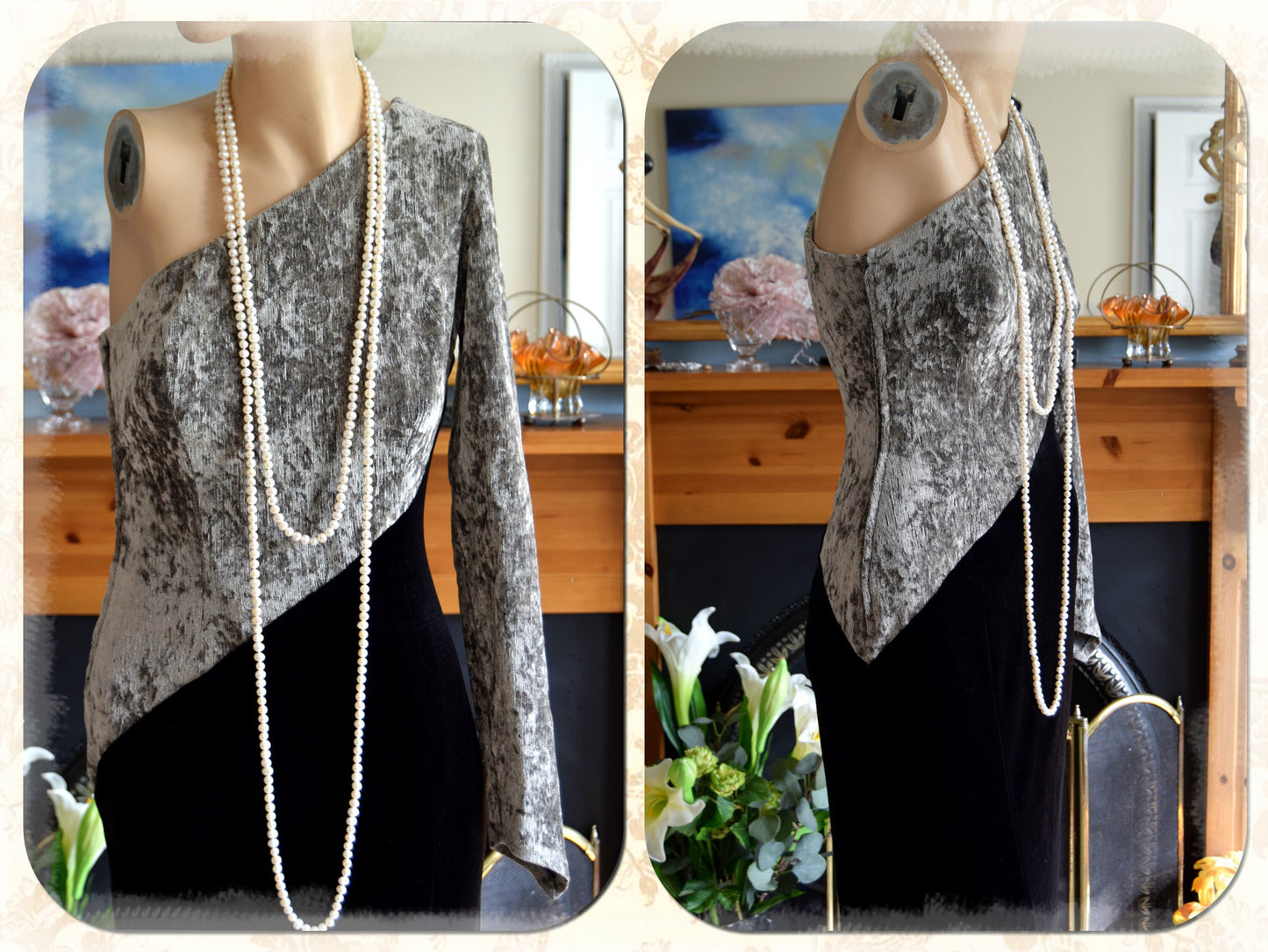 Art Deco Avant Garde Vintage Velvet Monohrome Evening Gown Black Silver Stage Hollywood Goddess Dress Size UK 10 12 US 6 8