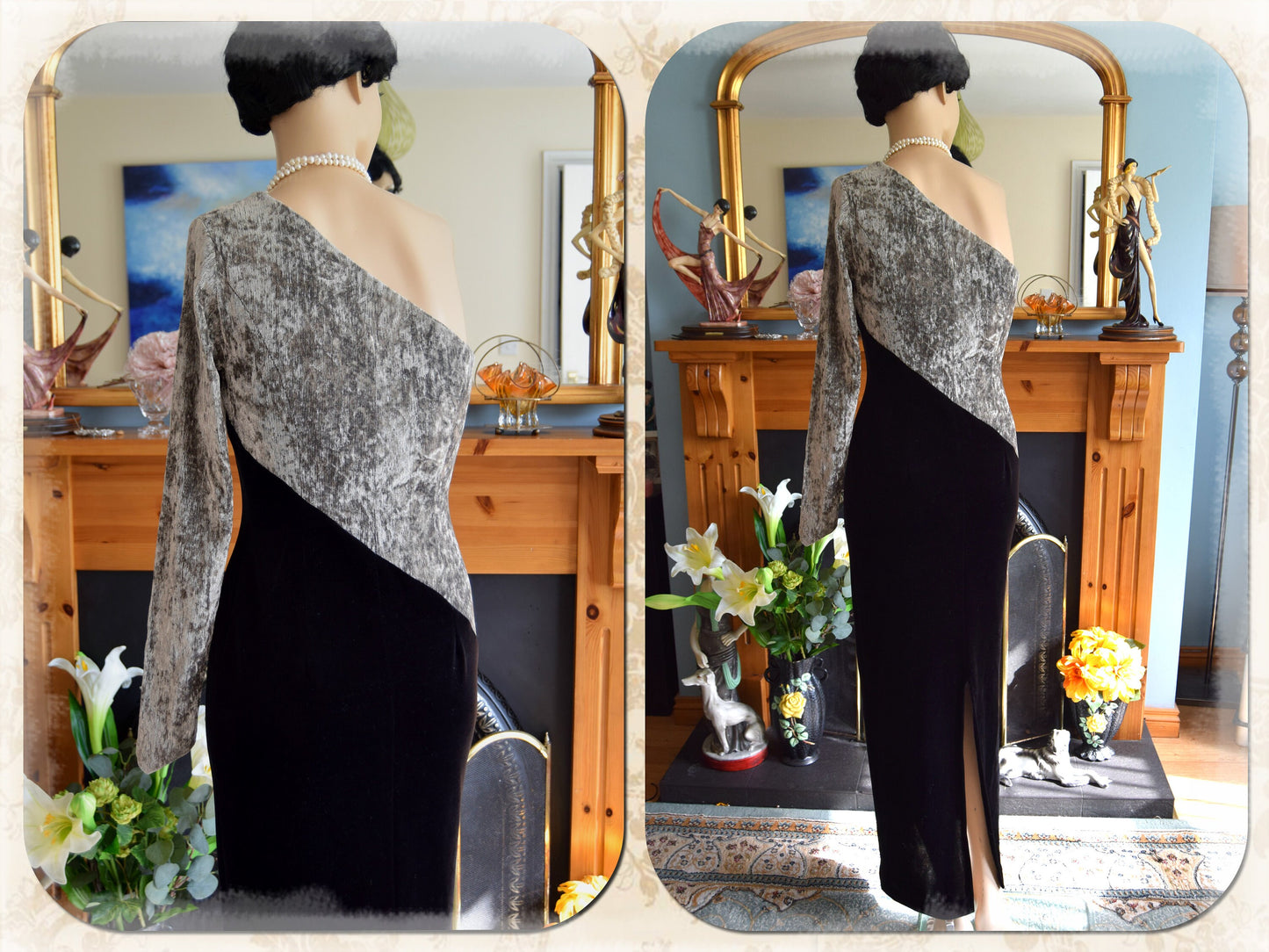 Art Deco Avant Garde Vintage Velvet Monohrome Evening Gown Black Silver Stage Hollywood Goddess Dress Size UK 10 12 US 6 8