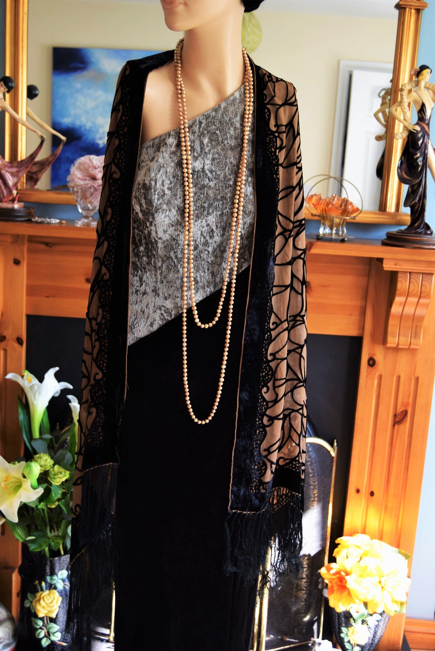 Art Deco Avant Garde Vintage Velvet Monohrome Evening Gown Black Silver Stage Hollywood Goddess Dress Size UK 10 12 US 6 8