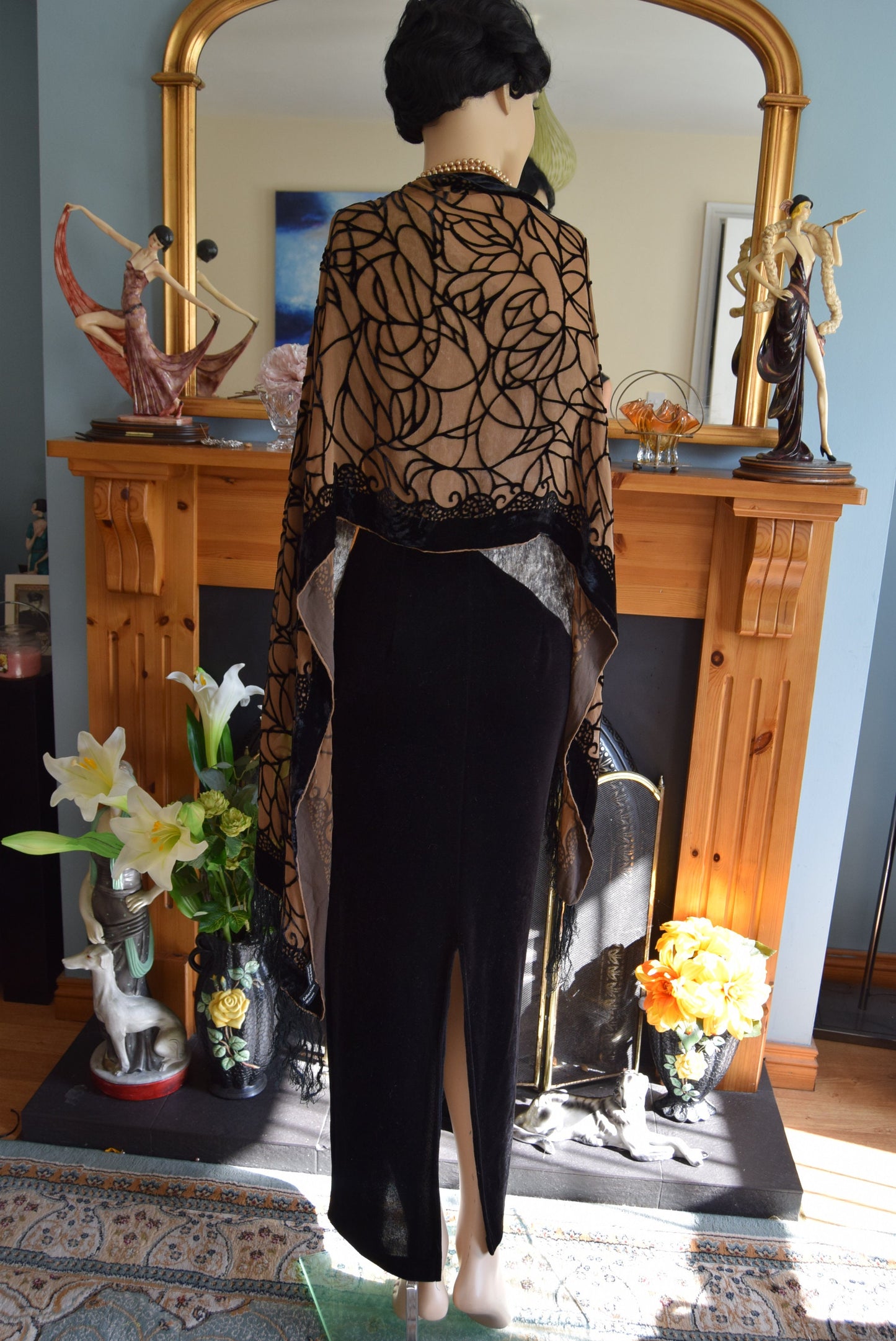 Art Deco Avant Garde Vintage Velvet Monohrome Evening Gown Black Silver Stage Hollywood Goddess Dress Size UK 10 12 US 6 8