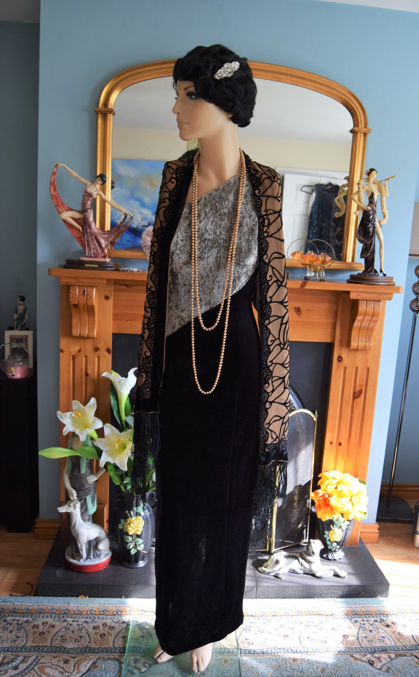 Art Deco Avant Garde Vintage Velvet Monohrome Evening Gown Black Silver Stage Hollywood Goddess Dress Size UK 10 12 US 6 8