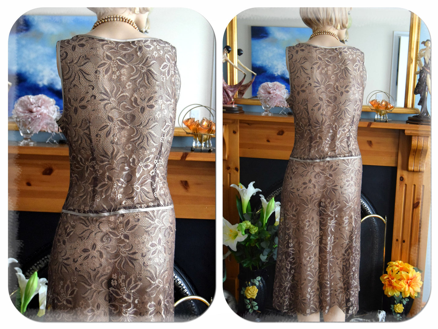 Vintage la beauté de la dentelle Divine Vintage Gold Chantilly Metallic shine Lace Beaded 1920's style cocktail dress Size UK 14 US 10