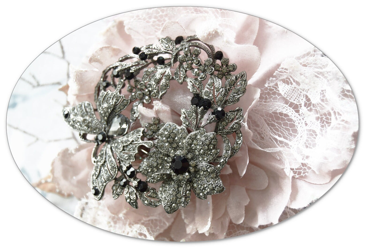 Art Deco Vintage Style Statement Chunky Black Silver Crystal Rhinestones Large paste Butterfly Floral leaf Garden theme brooch