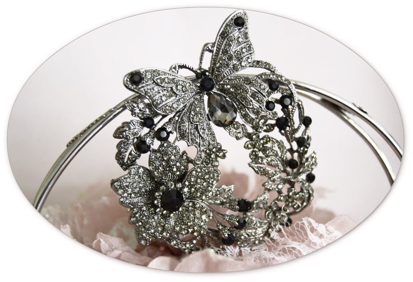 Art Deco Vintage Style Statement Chunky Black Silver Crystal Rhinestones Large paste Butterfly Floral leaf Garden theme brooch