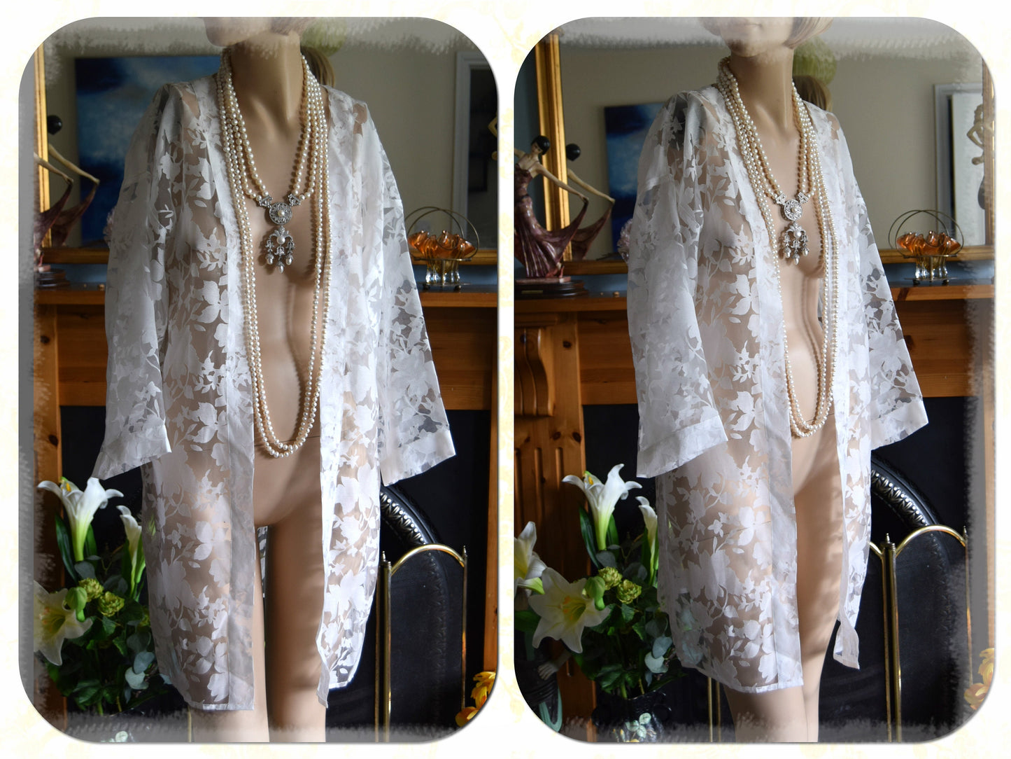 Beautiful White Art Deco wedding bridal long jacket Flapper 1920s Duster 12 14 US 8 10