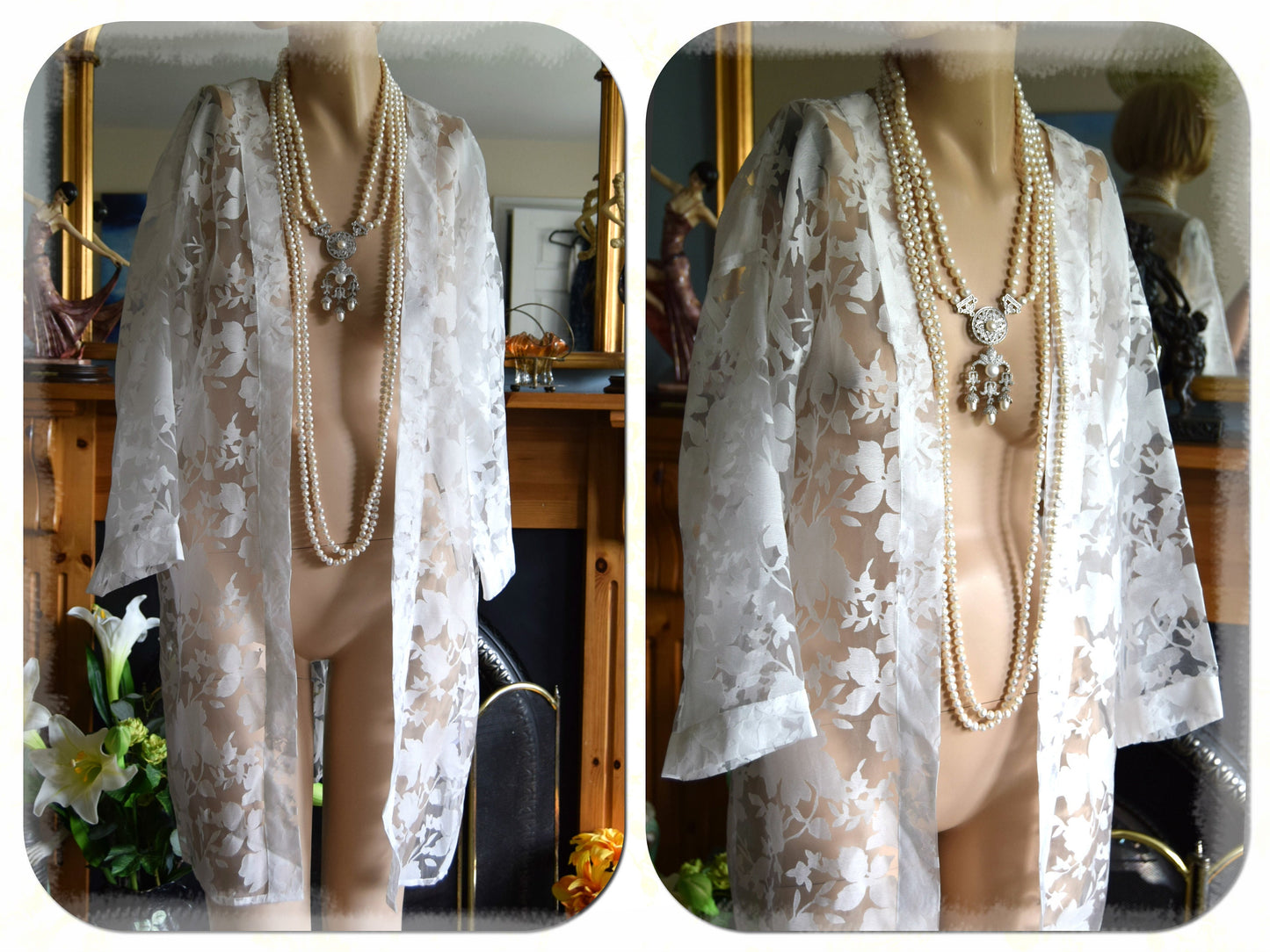 Beautiful White Art Deco wedding bridal long jacket Flapper 1920s Duster 12 14 US 8 10