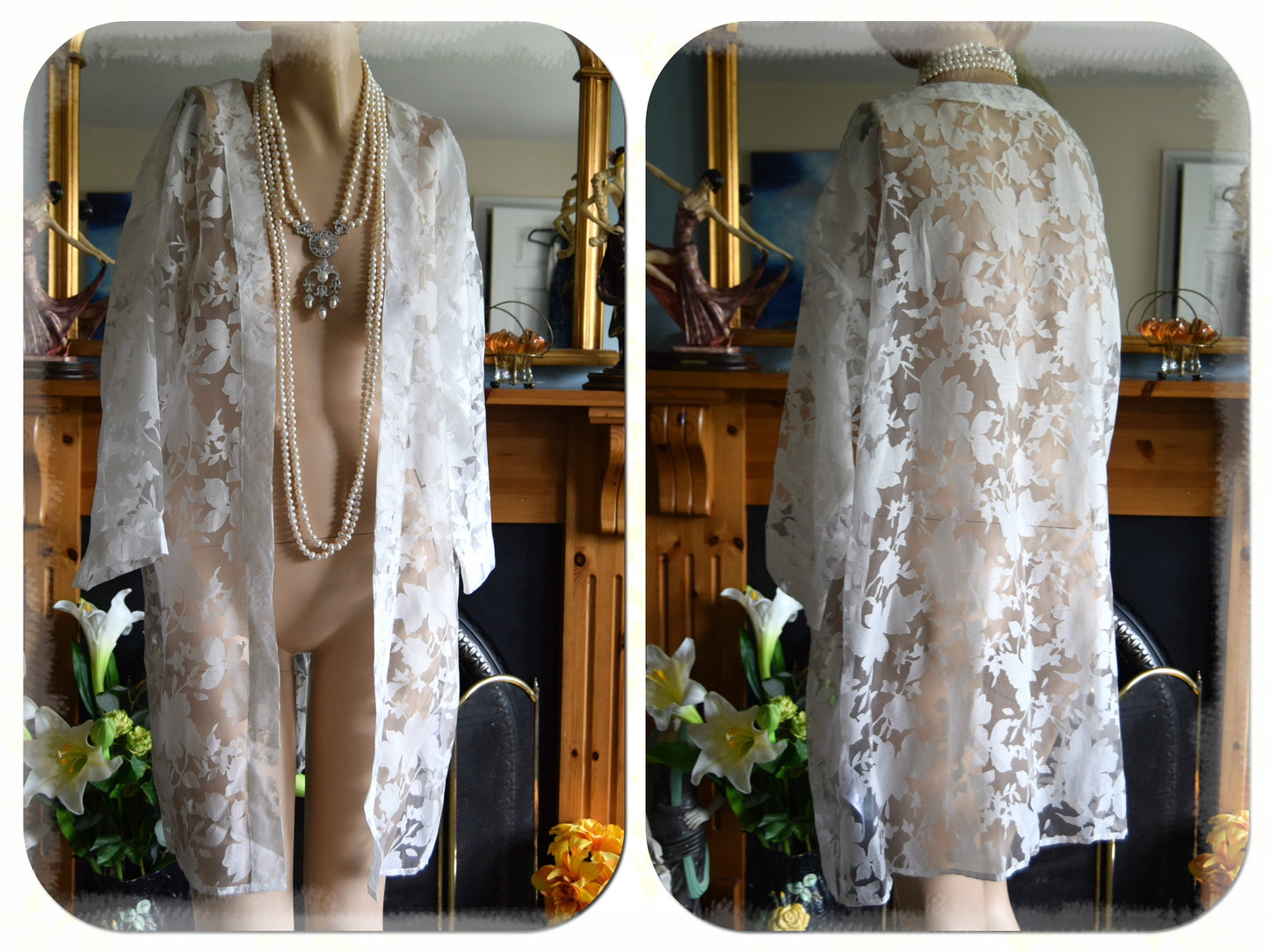 Beautiful White Art Deco wedding bridal long jacket Flapper 1920s Duster 12 14 US 8 10