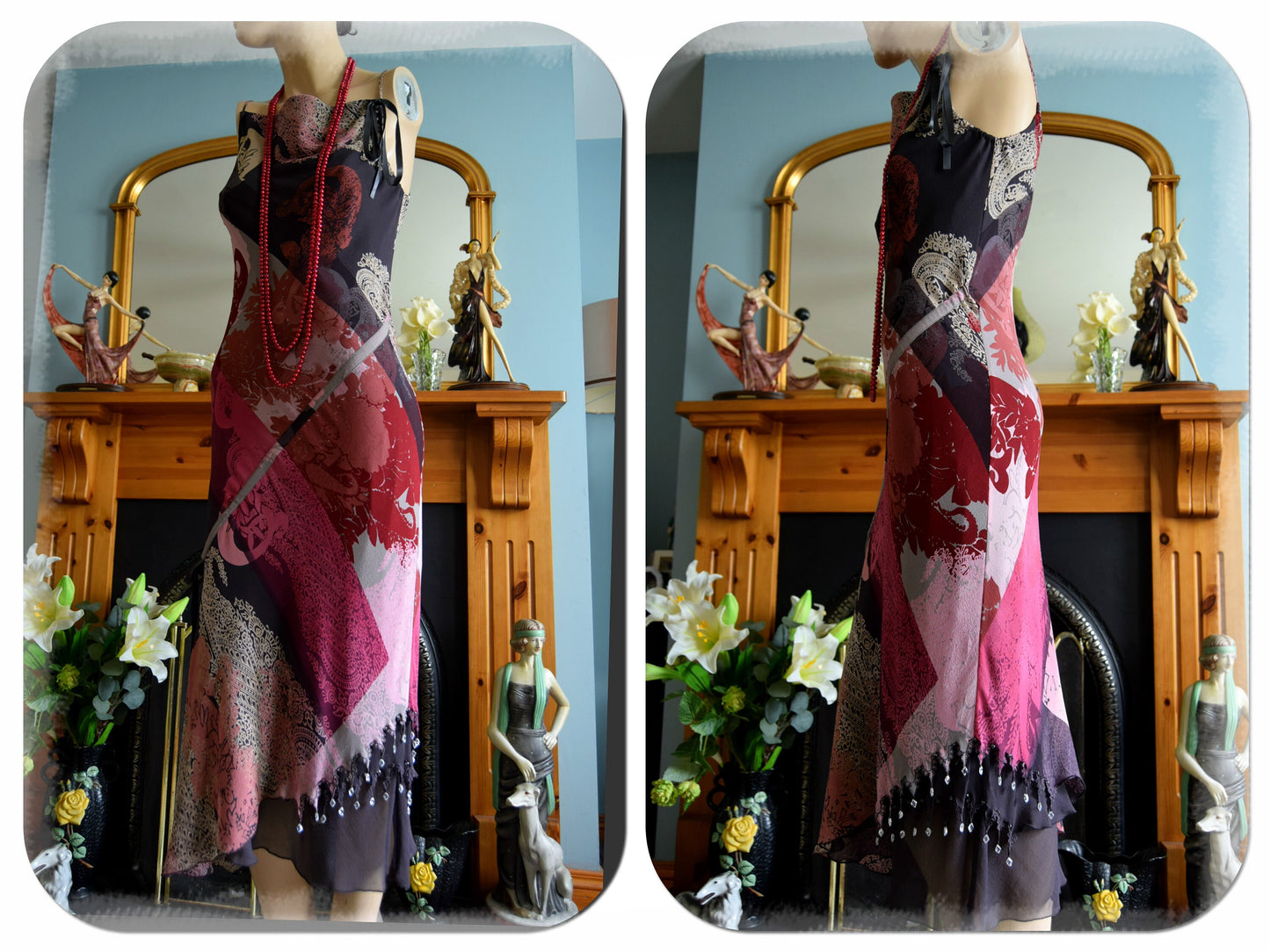 Purple Downton 1930's Abbey All SilkOriental Bohemian Embellished with Crystal Glass cocktail silk dress size UK 12 US 8