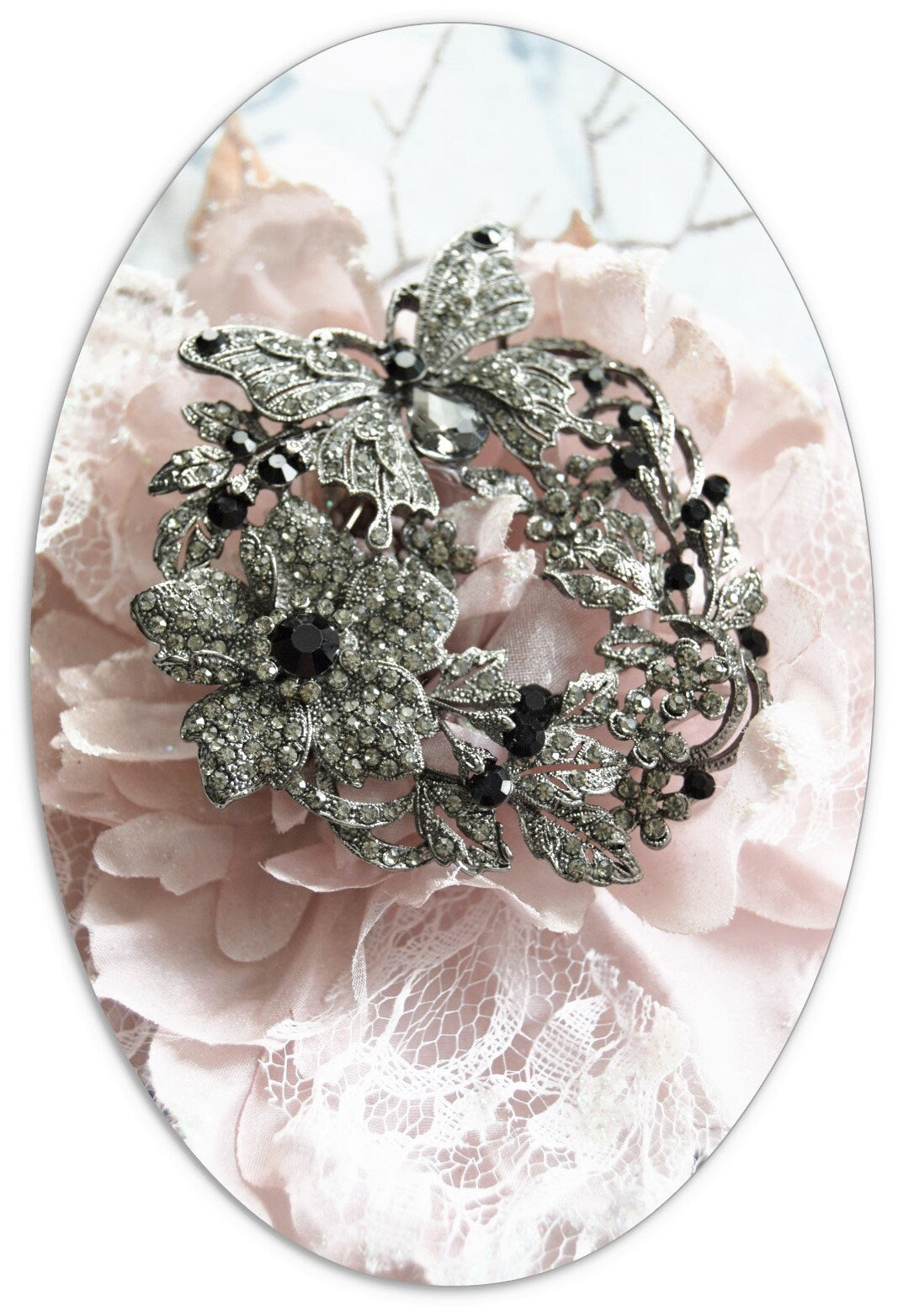 Art Deco Vintage Style Statement Chunky Black Silver Crystal Rhinestones Large paste Butterfly Floral leaf Garden theme brooch