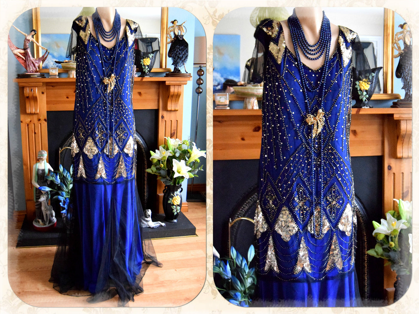 Cintahe Art Deco kimono 1920s dress Beaded Midnight blue kimono 1920s Beaded tassel dress flapper dress Size UK 16 18 US 12 14