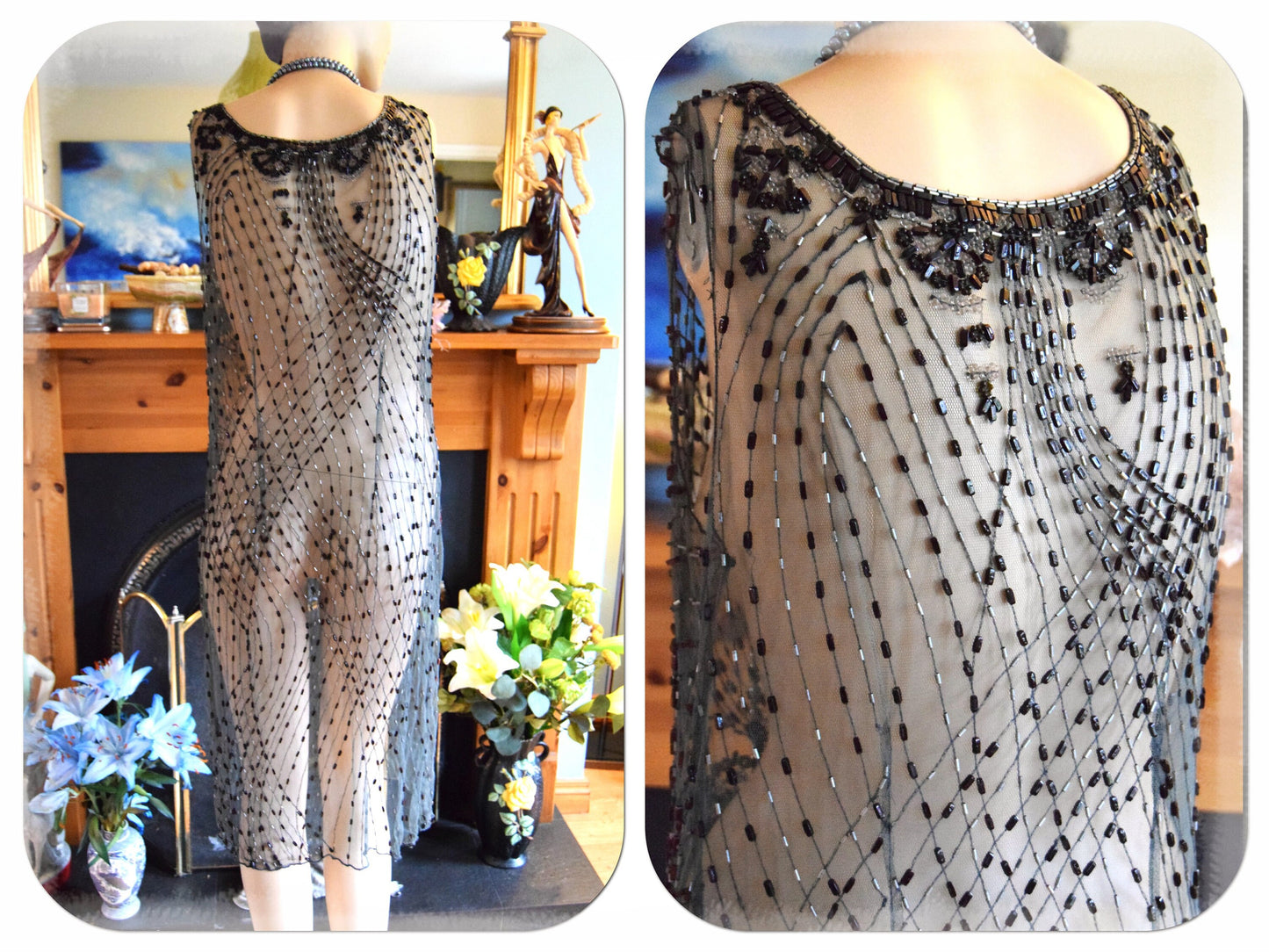 1920s dress Flapper dress Great Gatsby dress Downton Abbey dress Art Deco dress Vintage Beaded Sheer Net Embroidered Dress Size UK 10 US 6