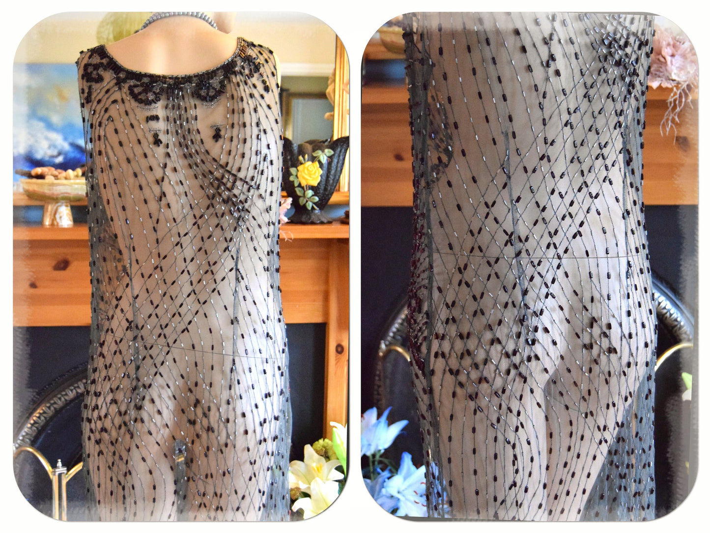 1920s dress Flapper dress Great Gatsby dress Downton Abbey dress Art Deco dress Vintage Beaded Sheer Net Embroidered Dress Size UK 10 US 6