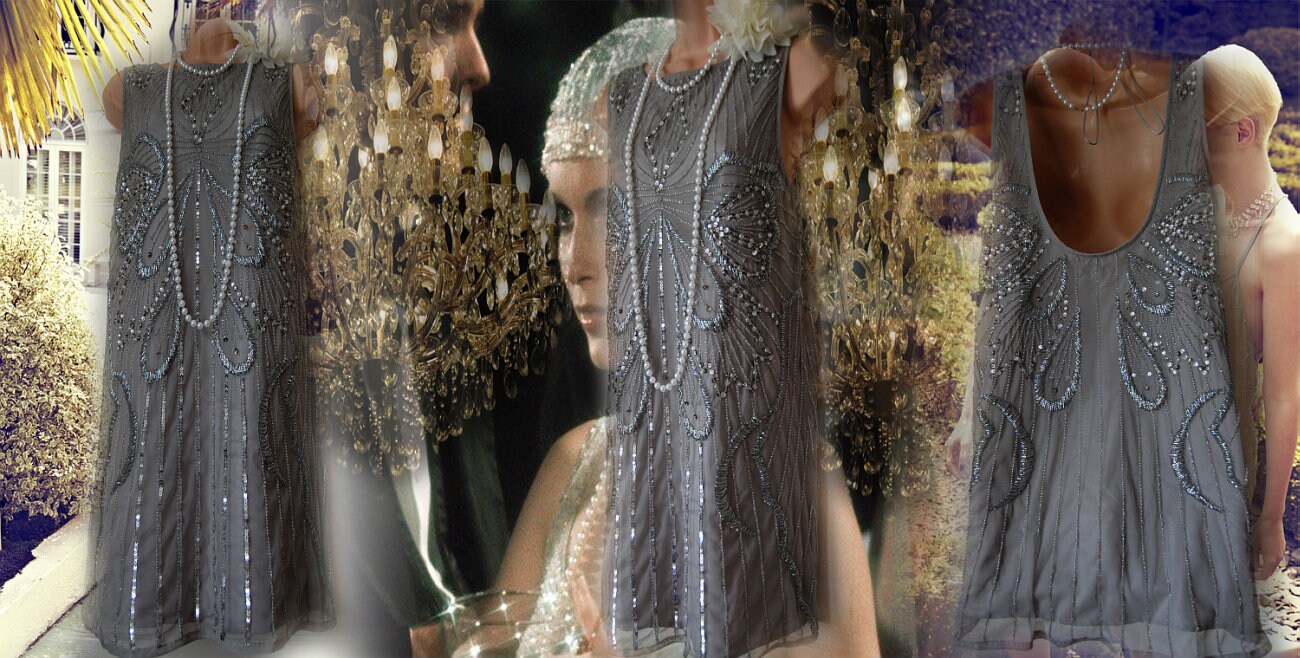 Flapper dress 1920s silver dress Great Gatsby dress embroidered silver dress flapper beaded dress 1920s beaded dres size UK 10 US 6 8