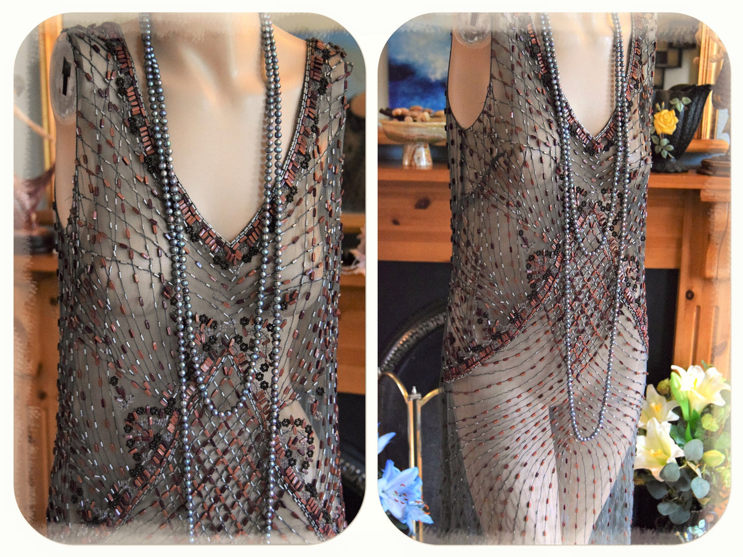 1920s dress Flapper dress Great Gatsby dress Downton Abbey dress Art Deco dress Vintage Beaded Sheer Net Embroidered Dress Size UK 10 US 6