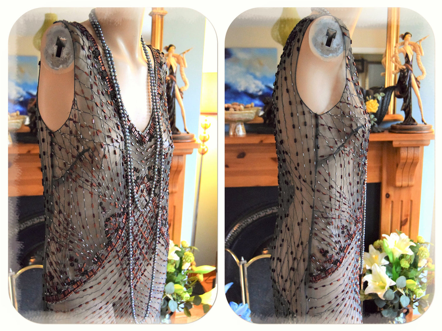 1920s dress Flapper dress Great Gatsby dress Downton Abbey dress Art Deco dress Vintage Beaded Sheer Net Embroidered Dress Size UK 10 US 6