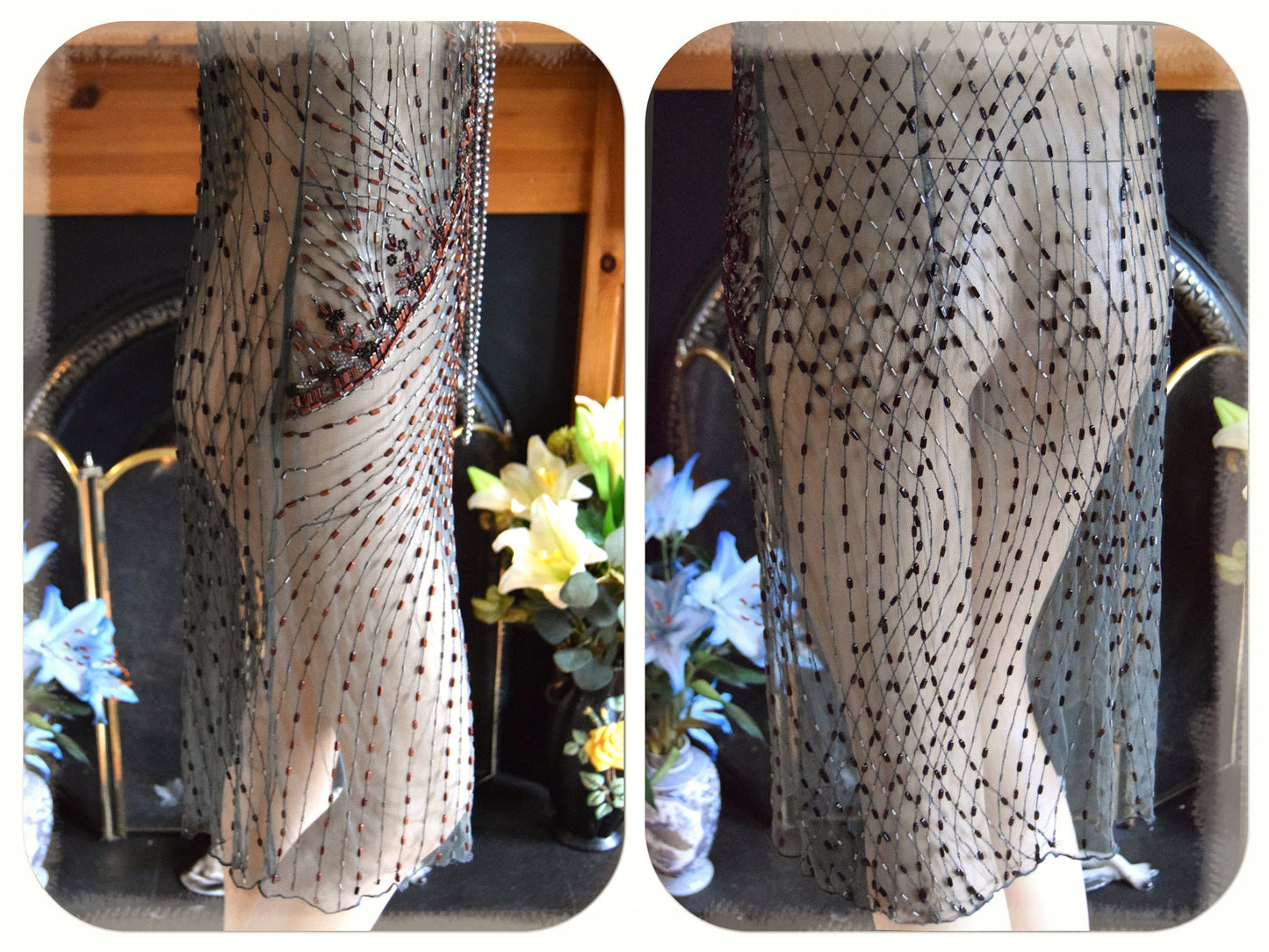 1920s dress Flapper dress Great Gatsby dress Downton Abbey dress Art Deco dress Vintage Beaded Sheer Net Embroidered Dress Size UK 10 US 6