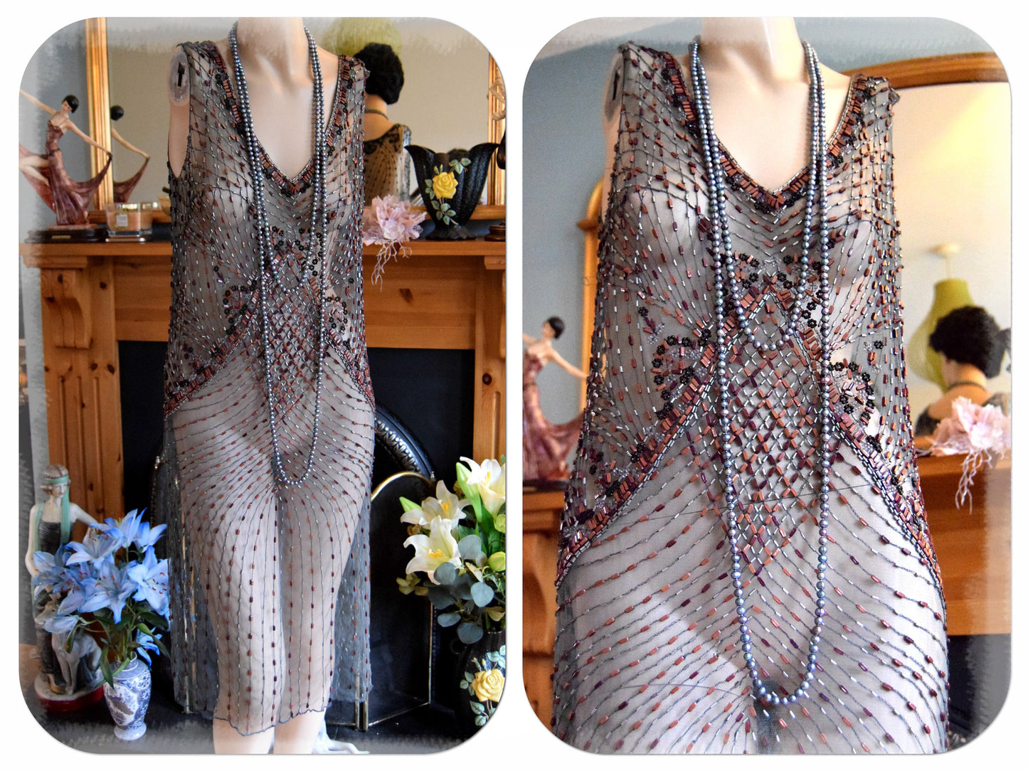 1920s dress Flapper dress Great Gatsby dress Downton Abbey dress Art Deco dress Vintage Beaded Sheer Net Embroidered Dress Size UK 10 US 6