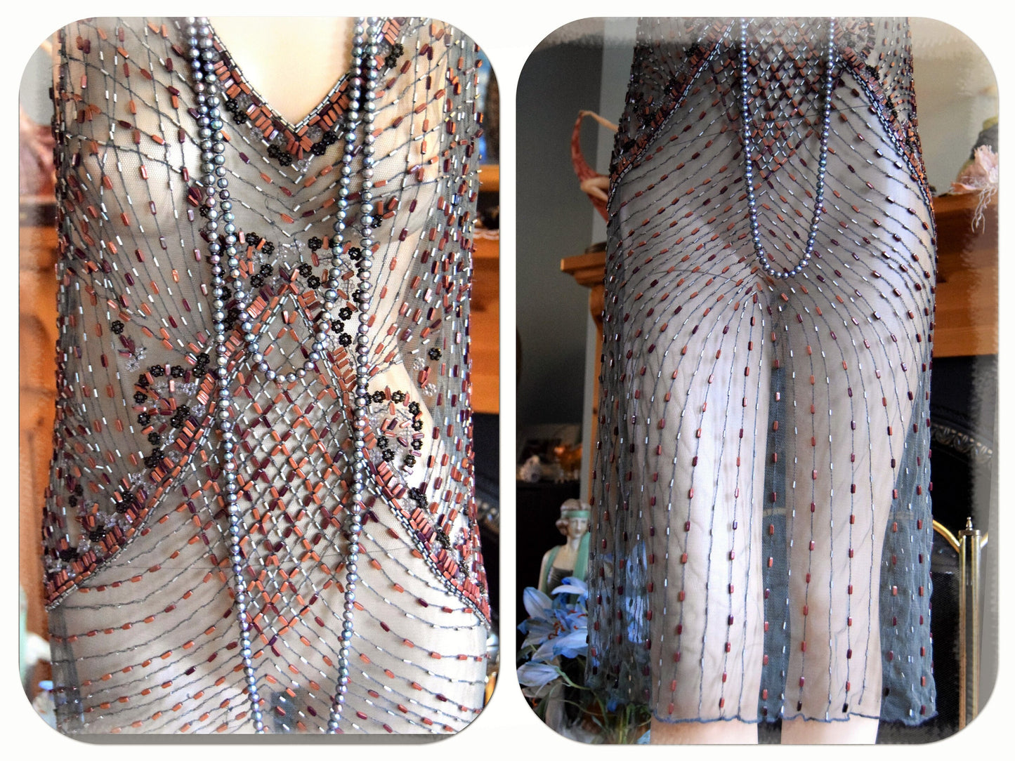 1920s dress Flapper dress Great Gatsby dress Downton Abbey dress Art Deco dress Vintage Beaded Sheer Net Embroidered Dress Size UK 10 US 6