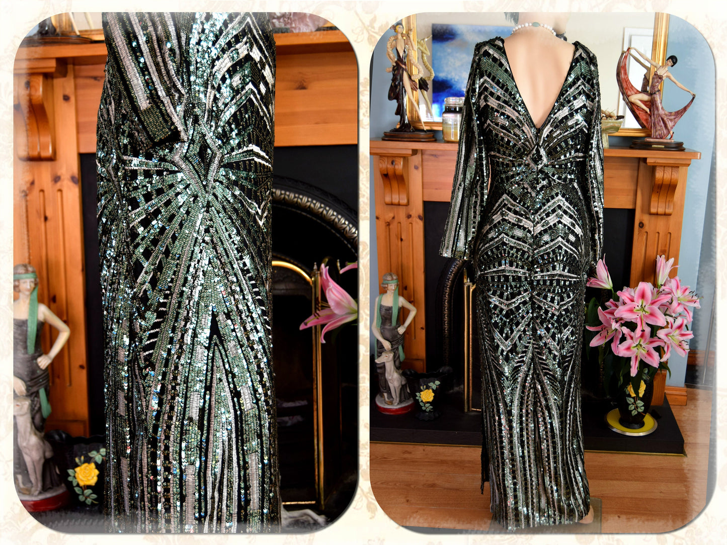 Vintage beaded Sequinned Embroidered Green Black Statement dress flapper Downton Abbey 1920s Marlene Dietrich Maxi dress UK size 8 10 US 4 6