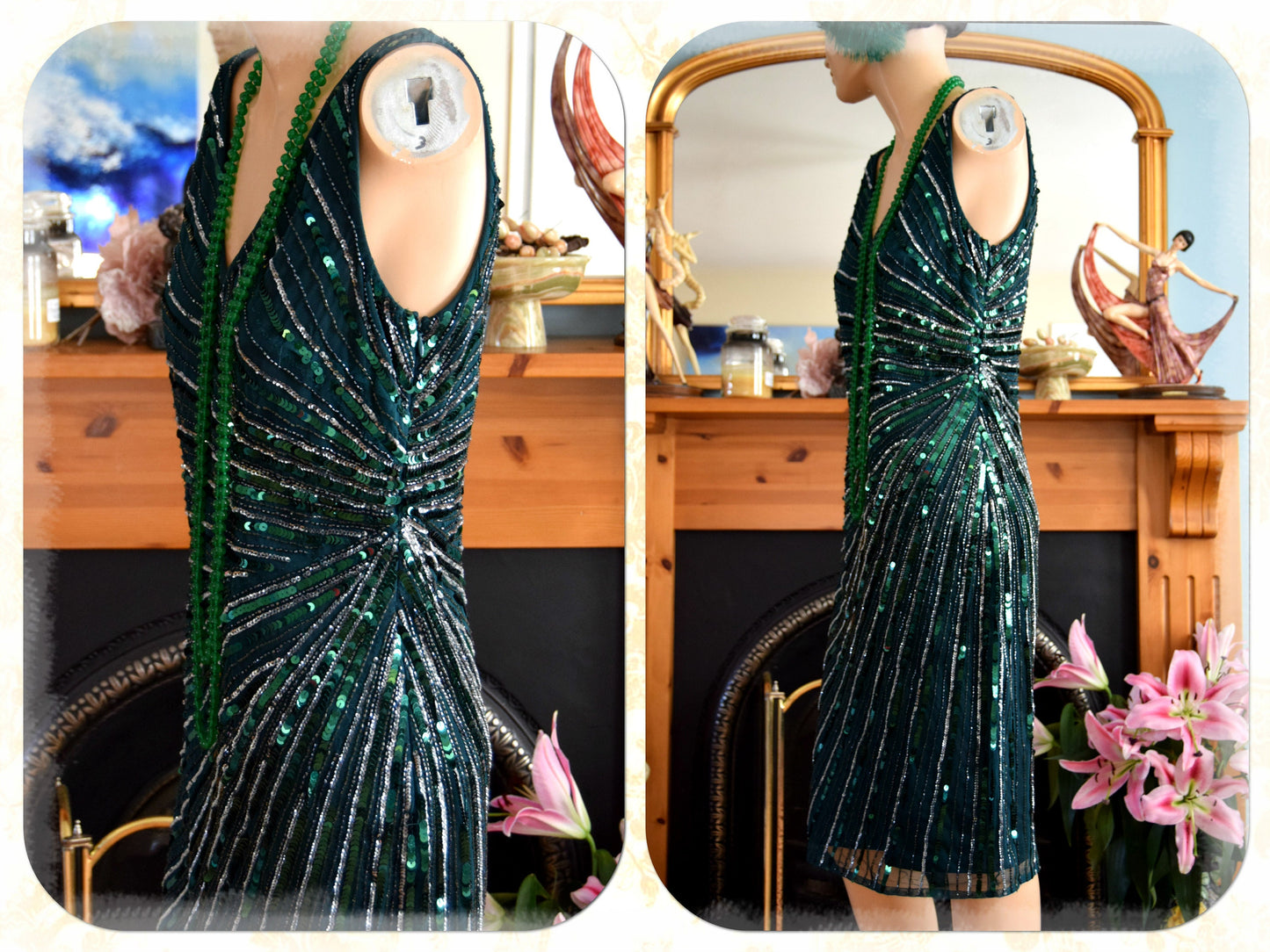 Vintage Bottle Green flapper Downton Abbey embellish bead 1920s sequinned charleston dress UK size 12 US 8