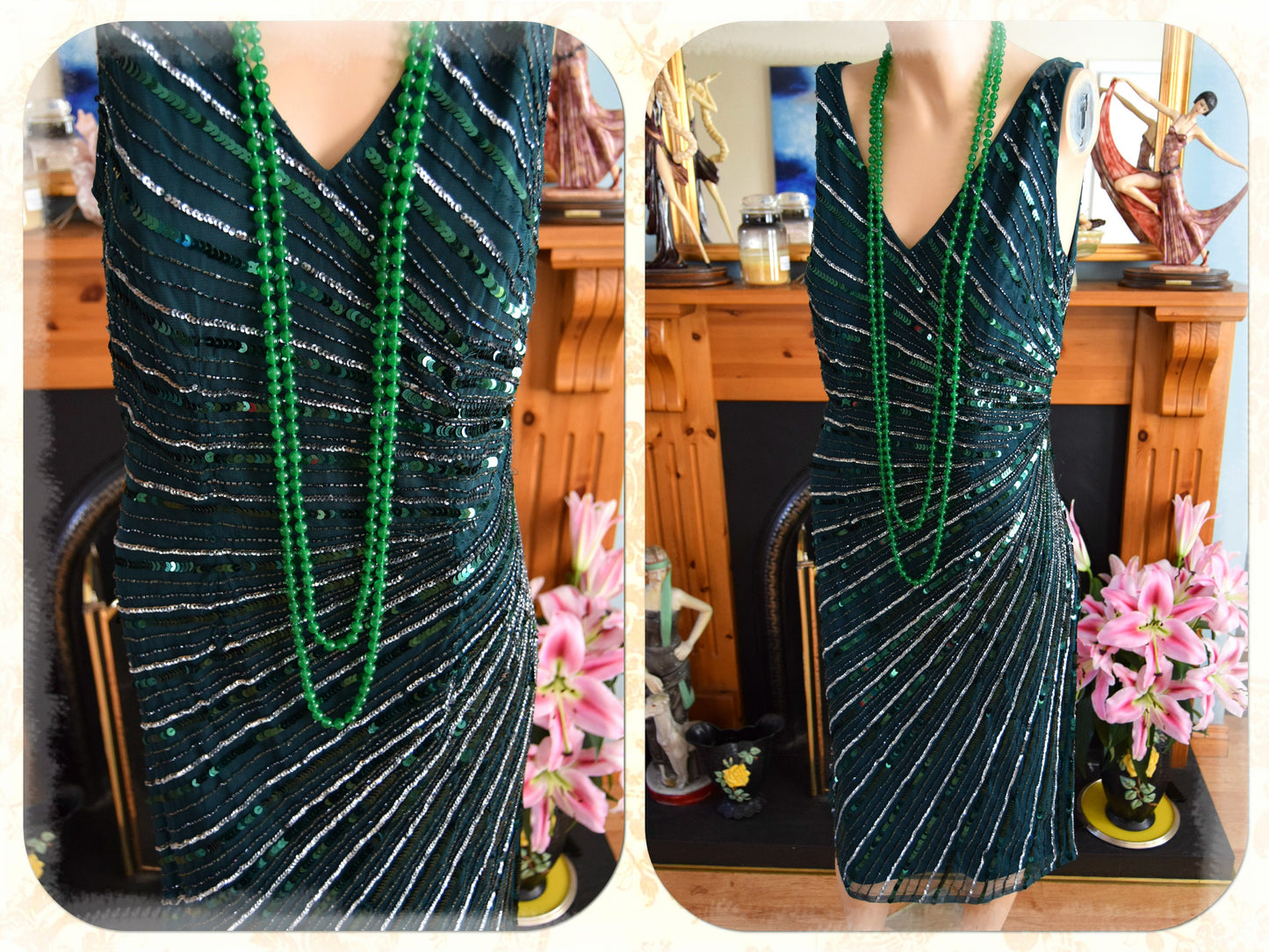 Vintage Bottle Green flapper Downton Abbey embellish bead 1920s sequinned charleston dress UK size 12 US 8