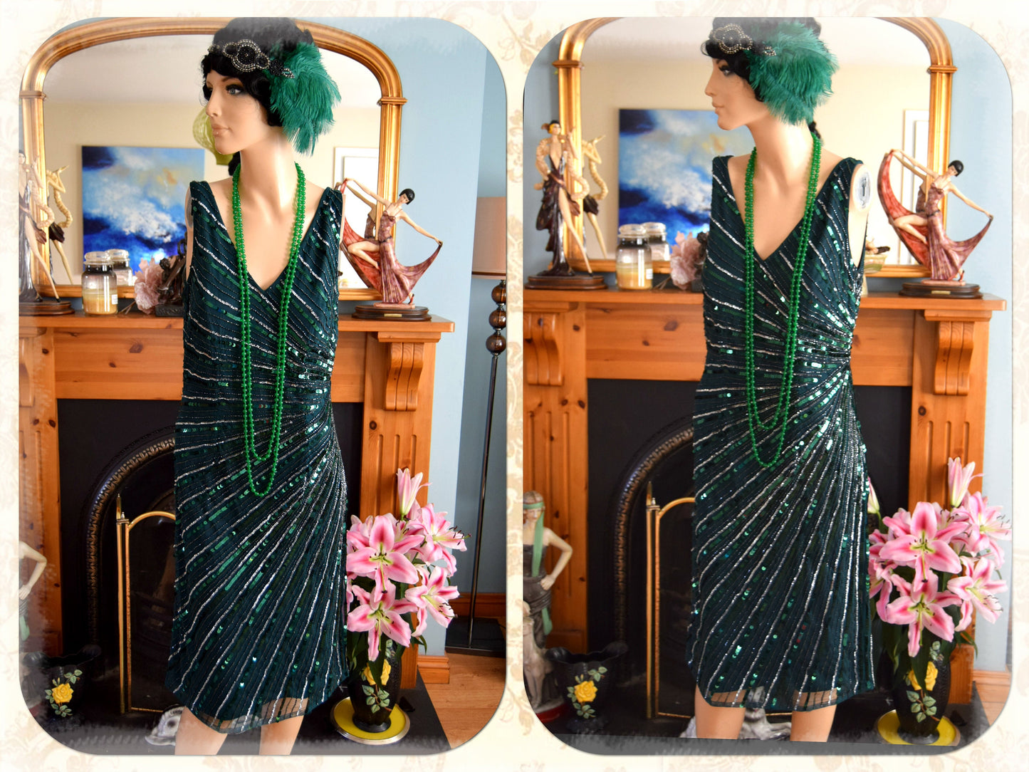 Vintage Bottle Green flapper Downton Abbey embellish bead 1920s sequinned charleston dress UK size 12 US 8